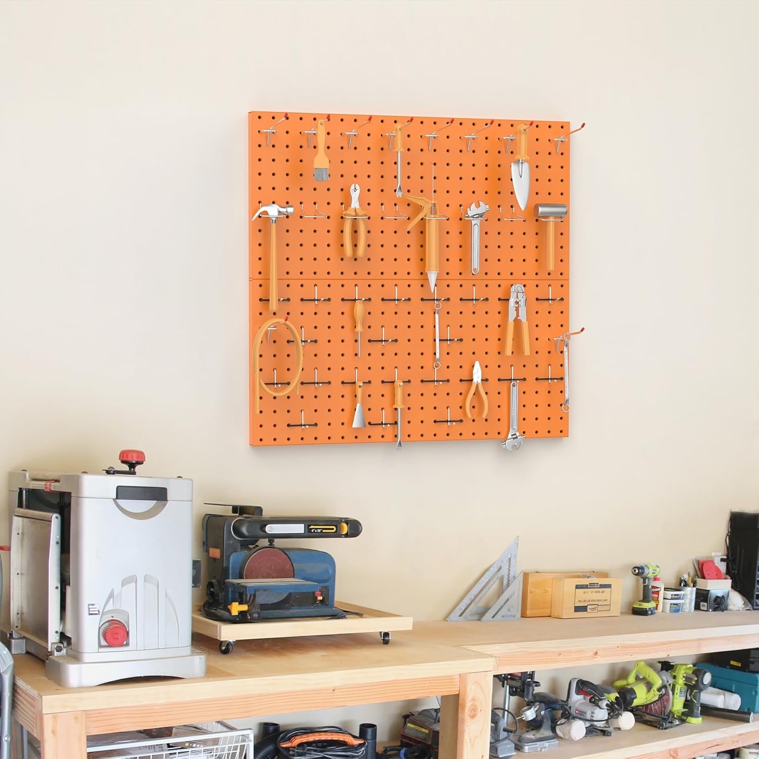 TORACK Metal Pegboard Wall Tool Organizer 24″ x 24″ or 12″ x 48″, 70 PCS Tools Storage Pegboard for Garage Peg Board Tool Organizer Board with Hooks for Workbench(Grey)(Orange)