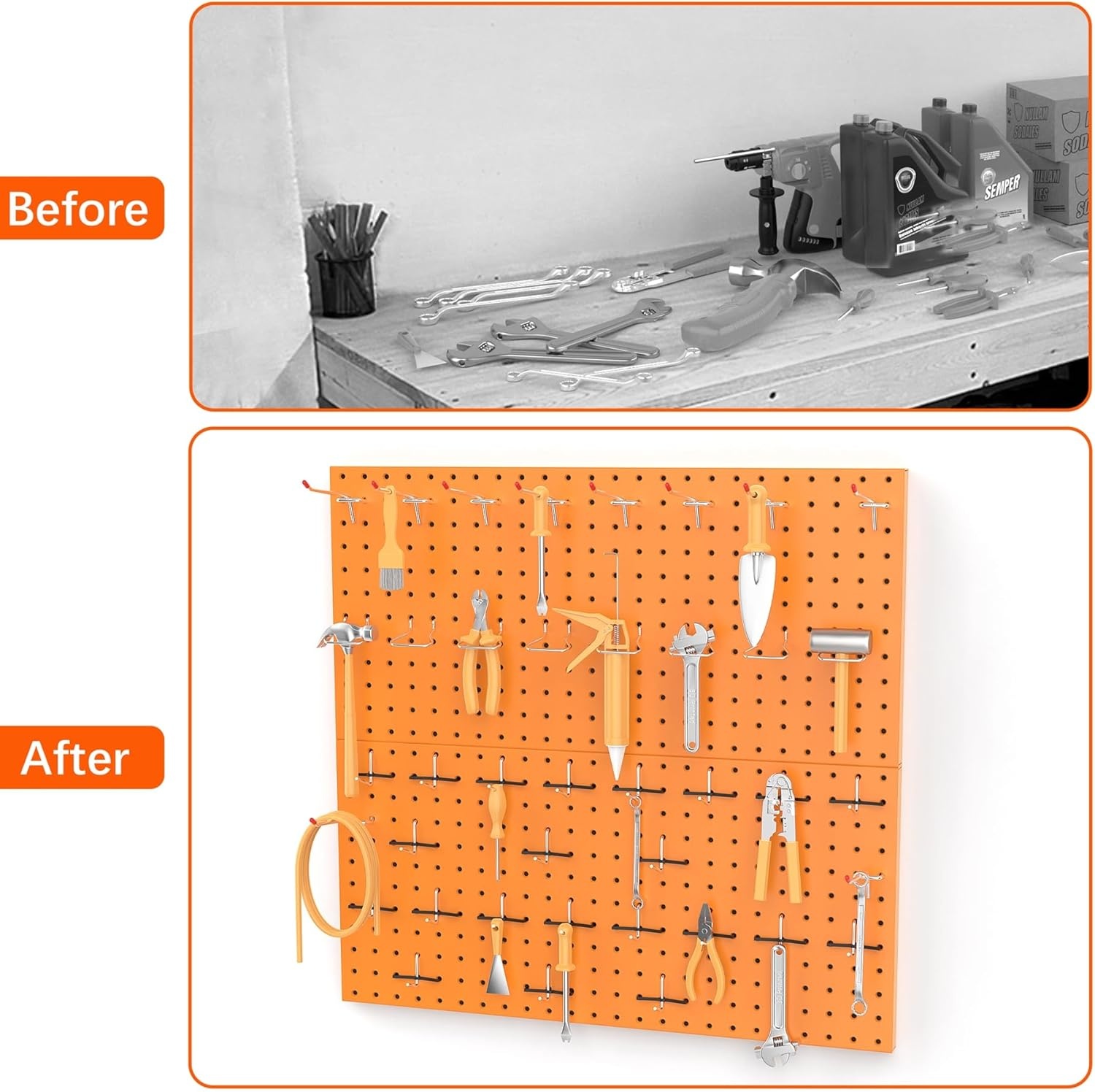 TORACK Metal Pegboard Wall Tool Organizer 24″ x 24″ or 12″ x 48″, 70 PCS Tools Storage Pegboard for Garage Peg Board Tool Organizer Board with Hooks for Workbench(Grey)(Orange)