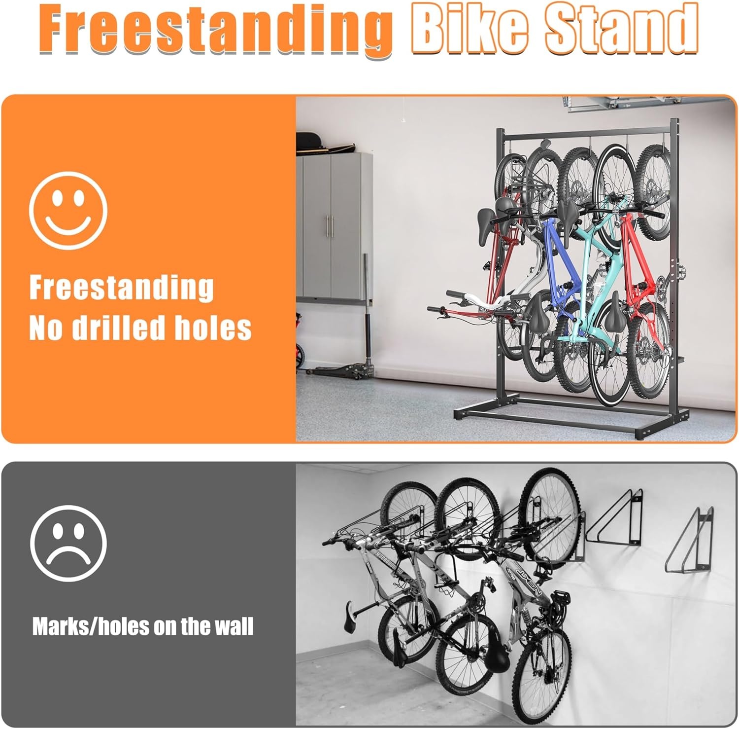TORACK Freestanding Bike Storage Stand for Garage, Heavy Duty 7 Bikes and 7 Helmets Vertical Bike Storage Stand Floor Bikes Storage Rack(Stand for 5 bikes)