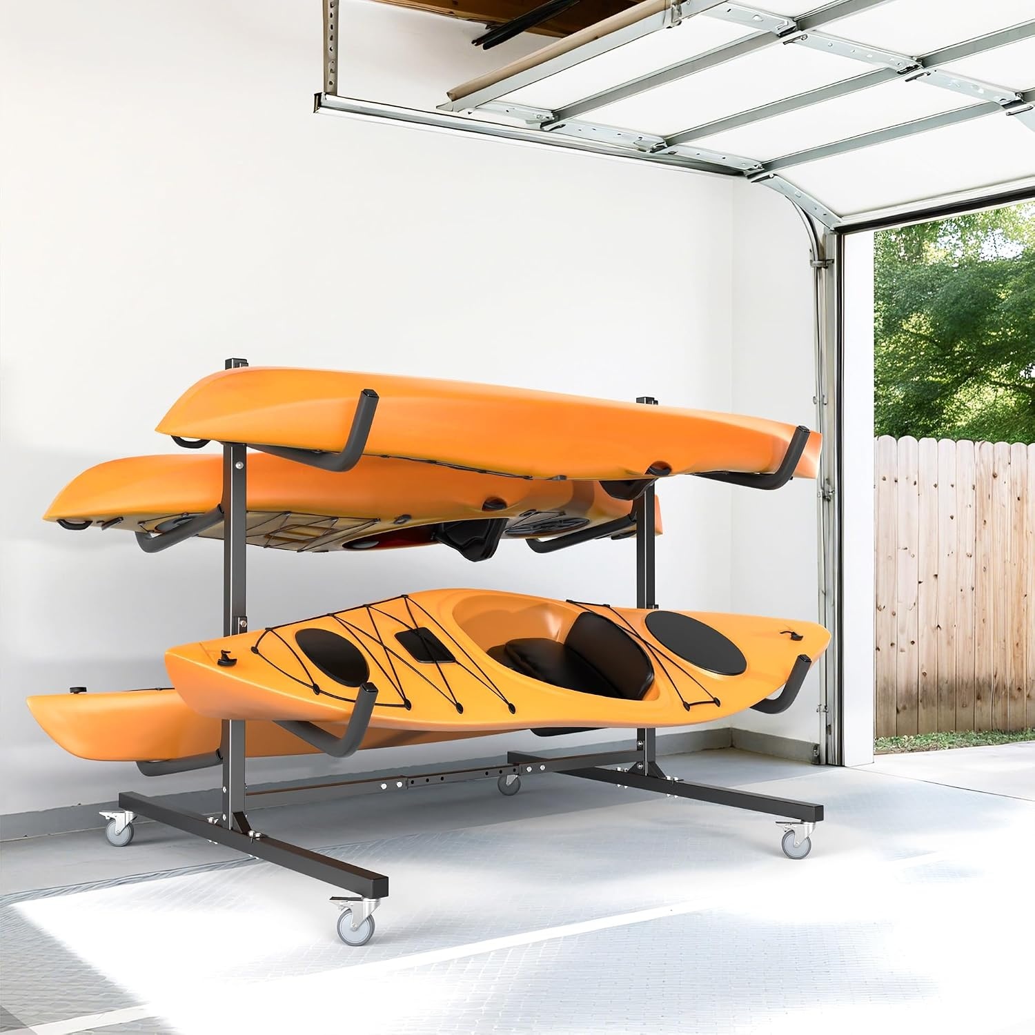 TORACK Heavy-Duty Rolling Kayak Rack, Freestanding Kayak Storage Stand, Garage Kayak Holder with Wheels(4-tier Rolling)