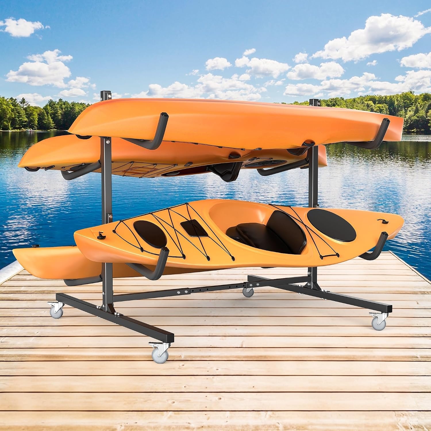 TORACK Heavy-Duty Rolling Kayak Rack, Freestanding Kayak Storage Stand, Garage Kayak Holder with Wheels(4-tier Rolling)