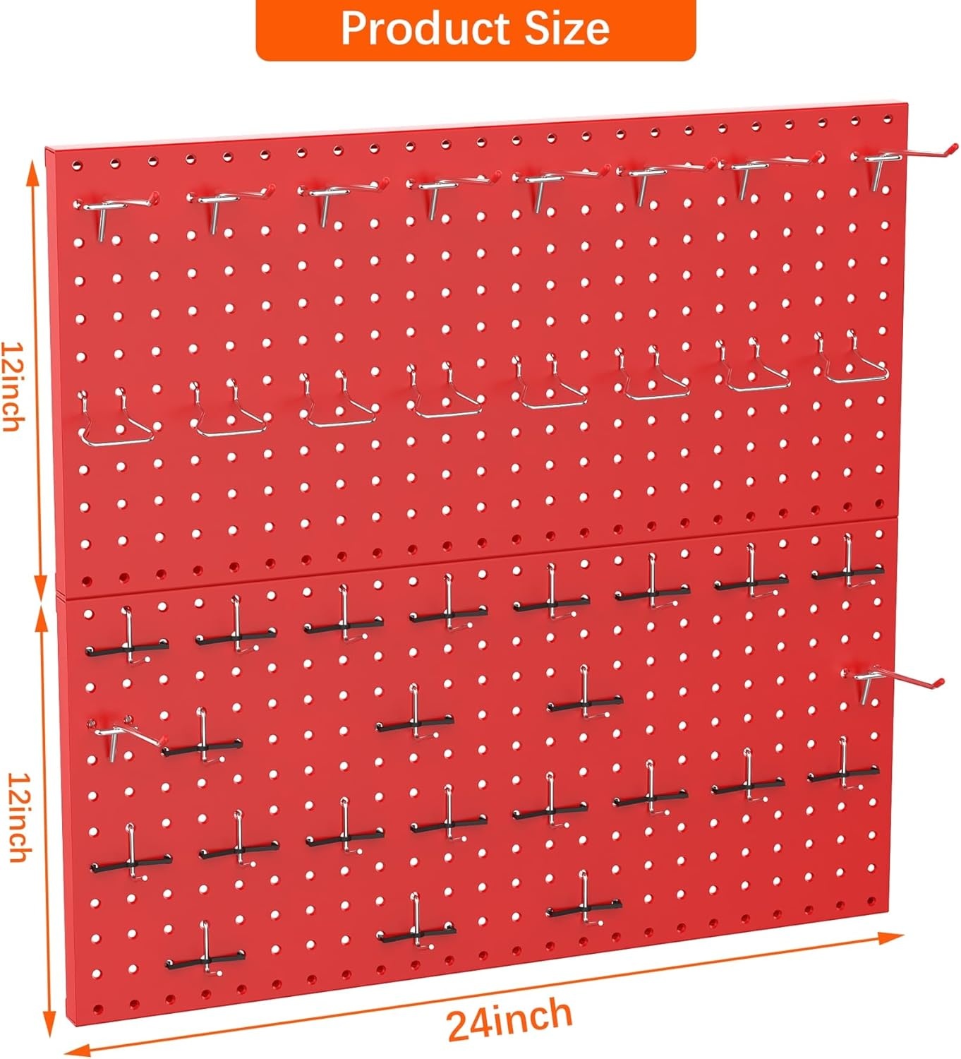 TORACK Metal Pegboard Wall Tool Organizer 24″ x 24″ or 12″ x 48″, 70 PCS Tools Storage Pegboard for Garage Peg Board Tool Organizer Board with Hooks for Workbench(Grey)(Red)