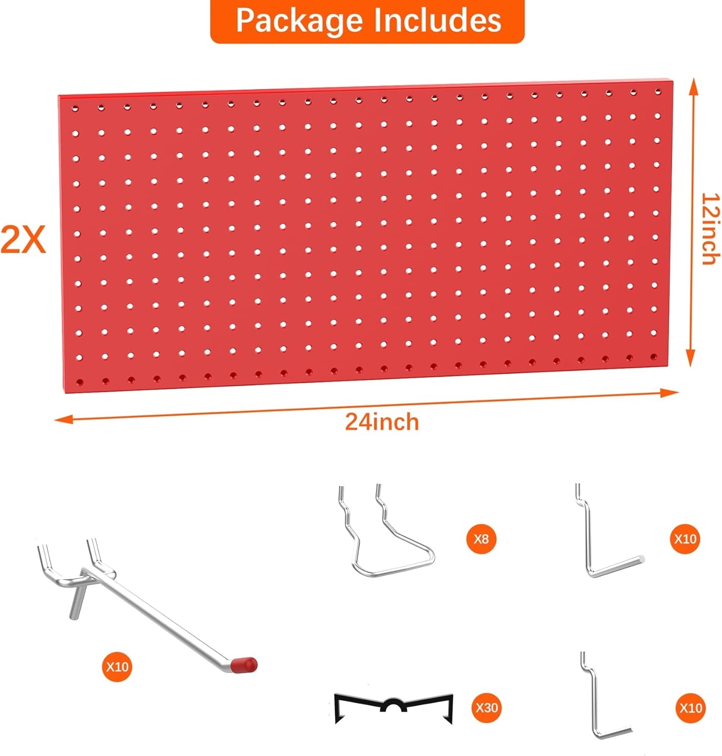 TORACK Metal Pegboard Wall Tool Organizer 24″ x 24″ or 12″ x 48″, 70 PCS Tools Storage Pegboard for Garage Peg Board Tool Organizer Board with Hooks for Workbench(Grey)(Red)