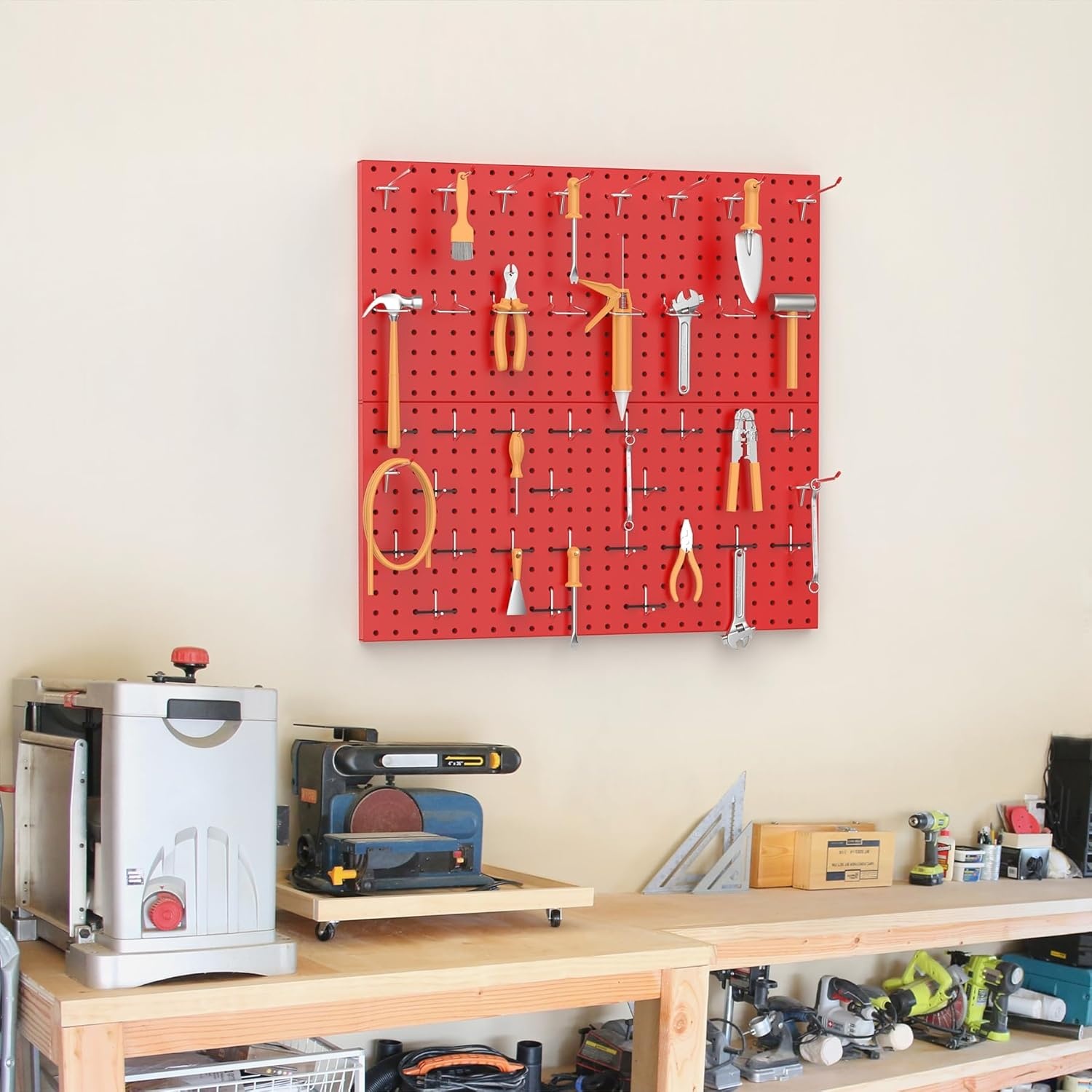 TORACK Metal Pegboard Wall Tool Organizer 24″ x 24″ or 12″ x 48″, 70 PCS Tools Storage Pegboard for Garage Peg Board Tool Organizer Board with Hooks for Workbench(Grey)(Red)