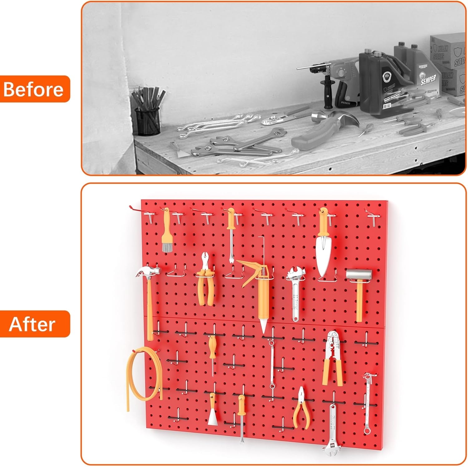 TORACK Metal Pegboard Wall Tool Organizer 24″ x 24″ or 12″ x 48″, 70 PCS Tools Storage Pegboard for Garage Peg Board Tool Organizer Board with Hooks for Workbench(Grey)(Red)