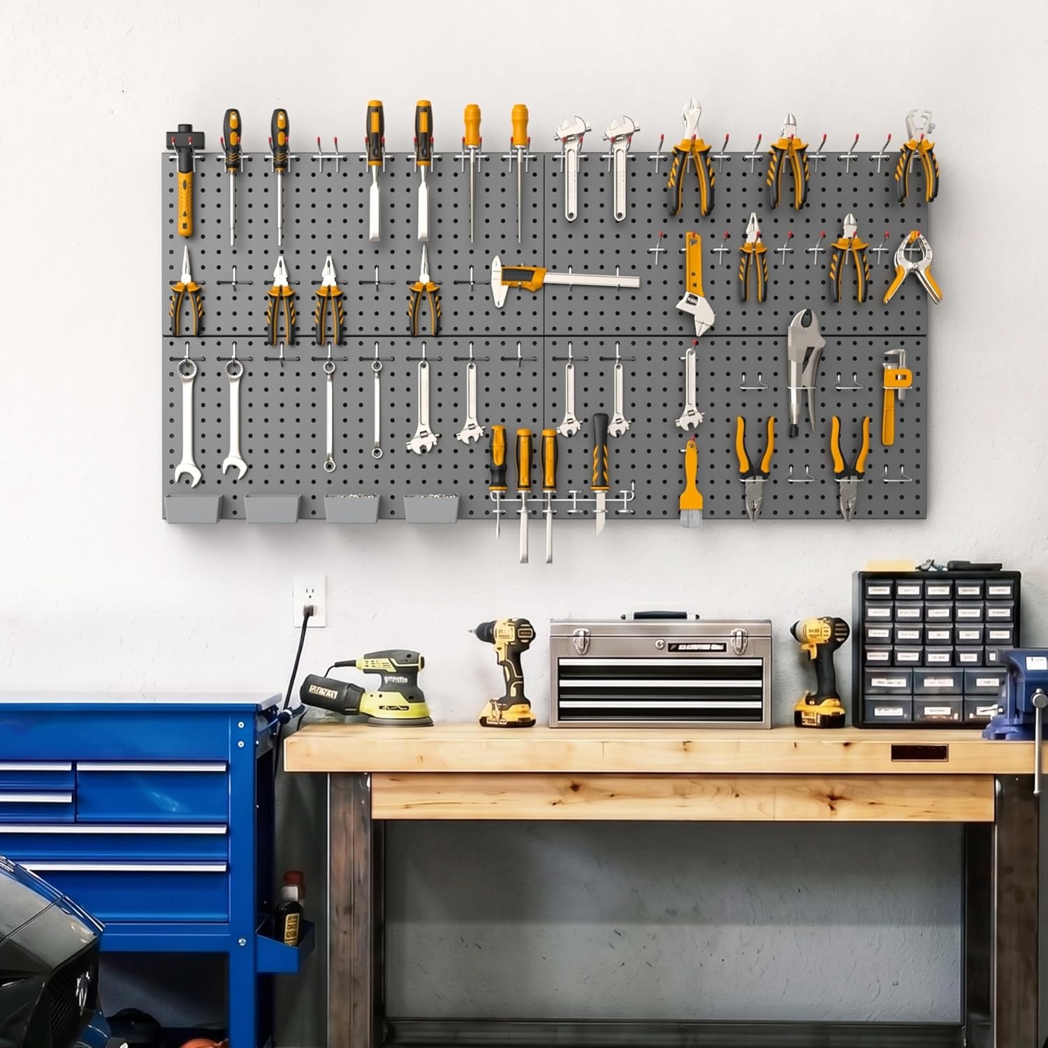TORACK Garage Tools Organizer Boards Kit with Hooks, Modular Wall-Mounted Tool Storage Pegboard for Workbench(Black, 4 Panels with Hooks)(Black)