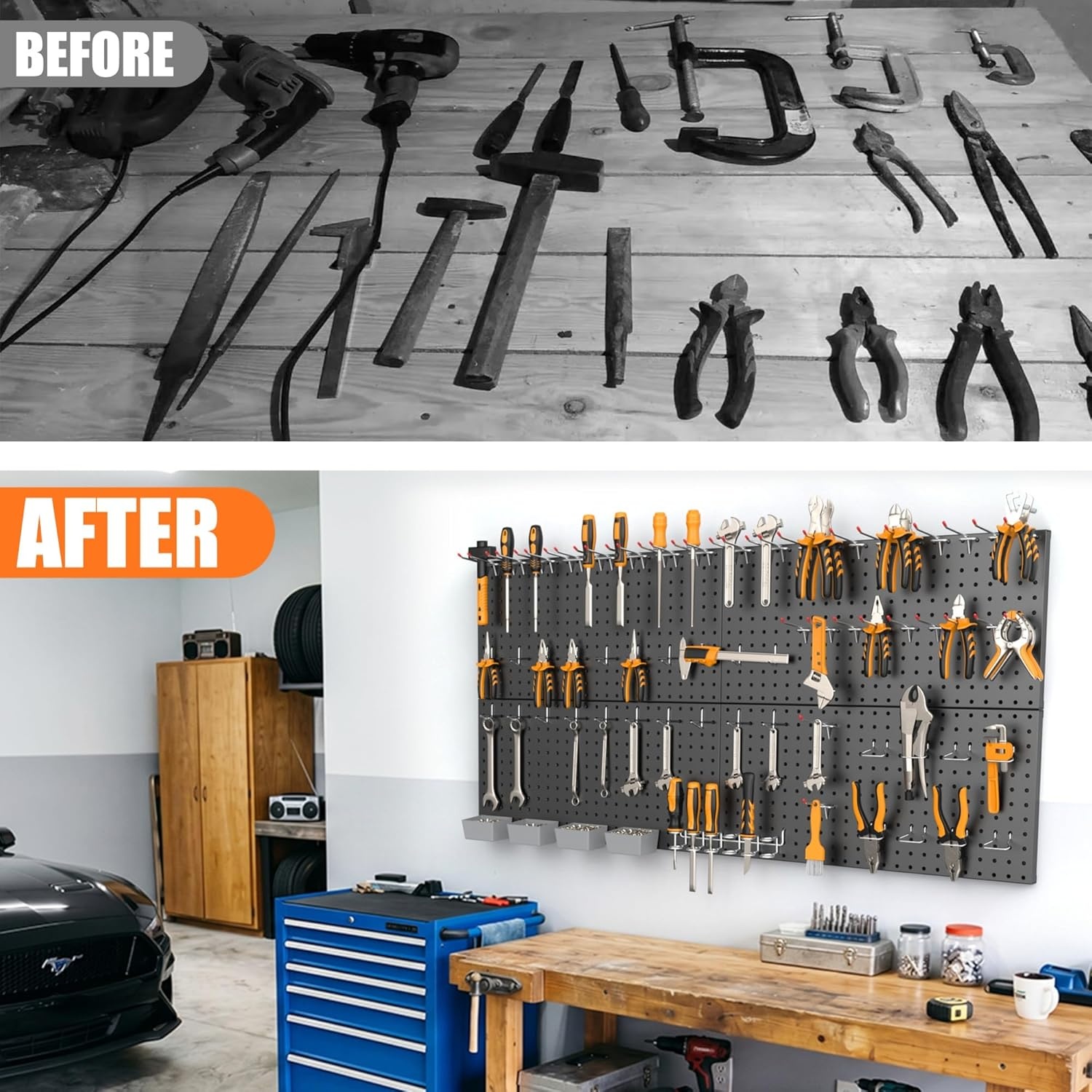 TORACK Garage Tools Organizer Boards Kit with Hooks, Modular Wall-Mounted Tool Storage Pegboard for Workbench(Black, 4 Panels with Hooks)(Black)