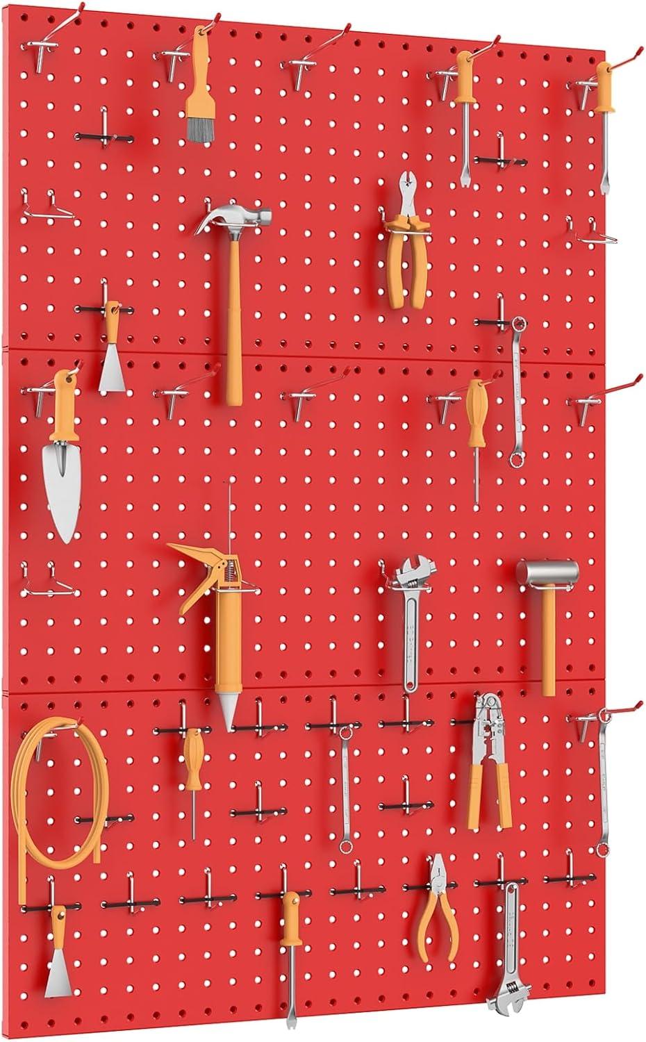 TORACK 3 PCS Metal Pegboard Panels for Wall Garage Utility Tools Storage Pegboard for Workbench, Shop, Modular Peg Board Tool Organizer Boards(Pack of 3, Black)(Red)