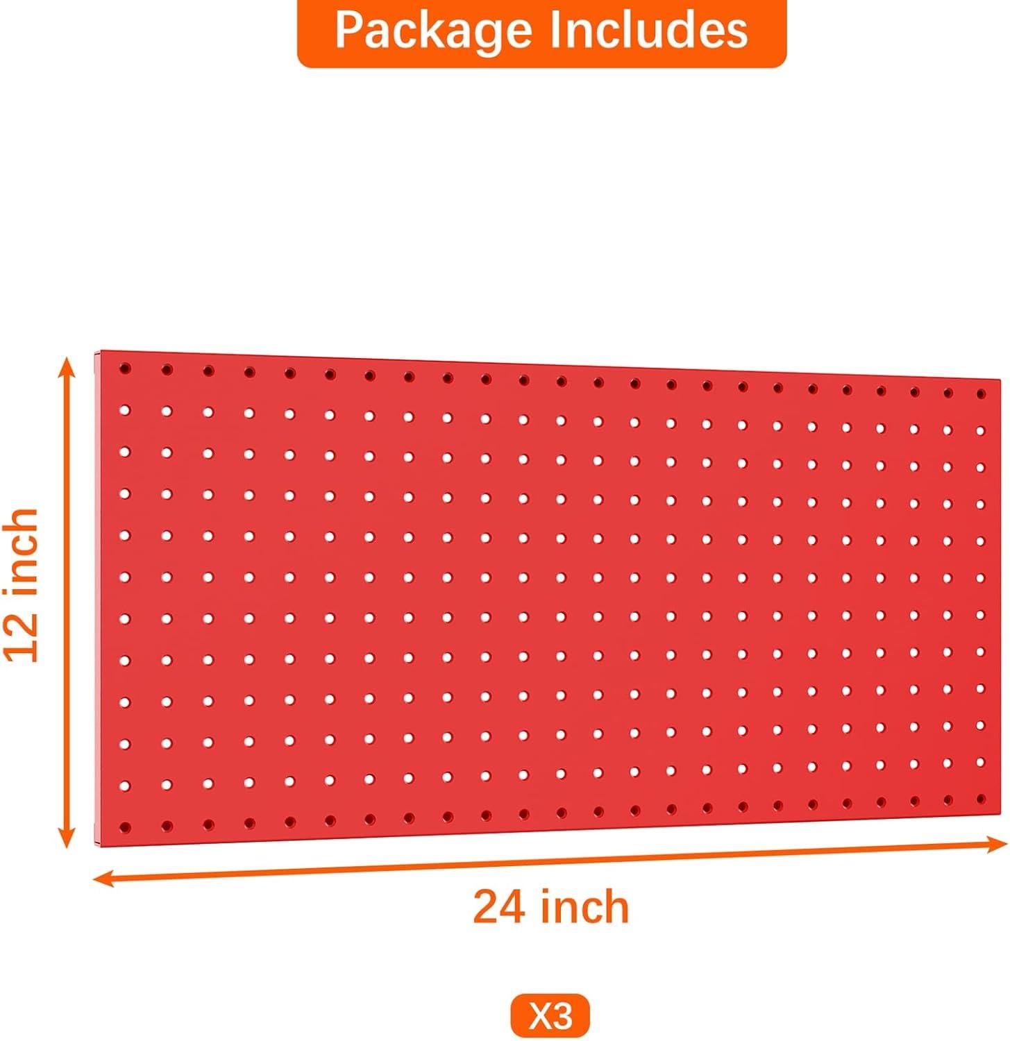 TORACK 3 PCS Metal Pegboard Panels for Wall Garage Utility Tools Storage Pegboard for Workbench, Shop, Modular Peg Board Tool Organizer Boards(Pack of 3, Black)(Red)