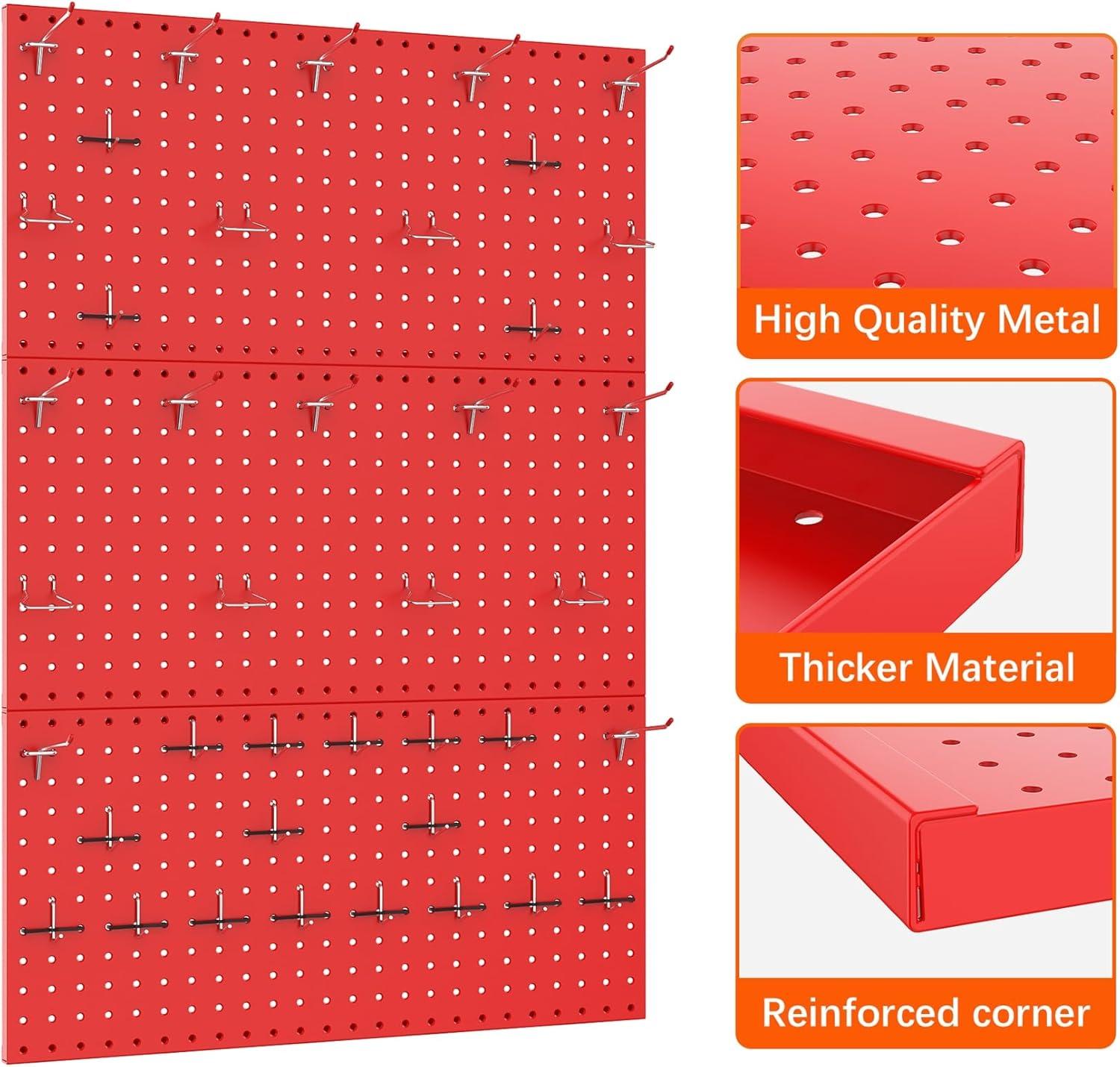 TORACK 3 PCS Metal Pegboard Panels for Wall Garage Utility Tools Storage Pegboard for Workbench, Shop, Modular Peg Board Tool Organizer Boards(Pack of 3, Black)(Red)
