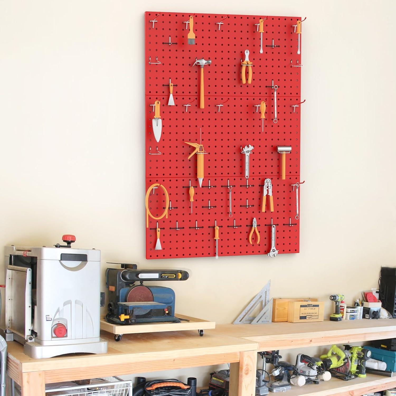 TORACK 3 PCS Metal Pegboard Panels for Wall Garage Utility Tools Storage Pegboard for Workbench, Shop, Modular Peg Board Tool Organizer Boards(Pack of 3, Black)(Red)