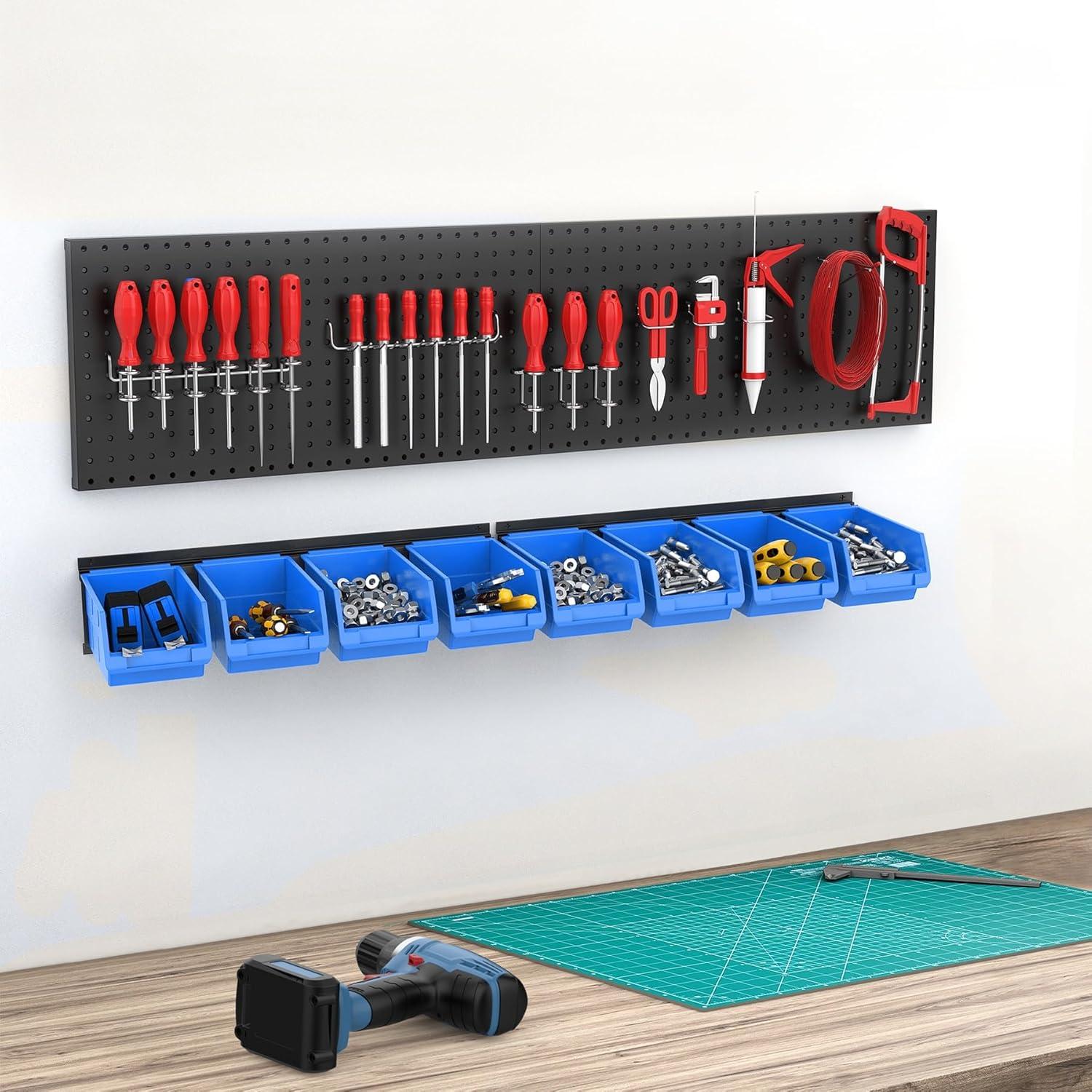 TORACK Wall-Mounted Storage Bins, 16 Plastic Bins for Tools Organization in Garage, Craft Room, and Shop(4-Pack, Blue)(Blue-black)