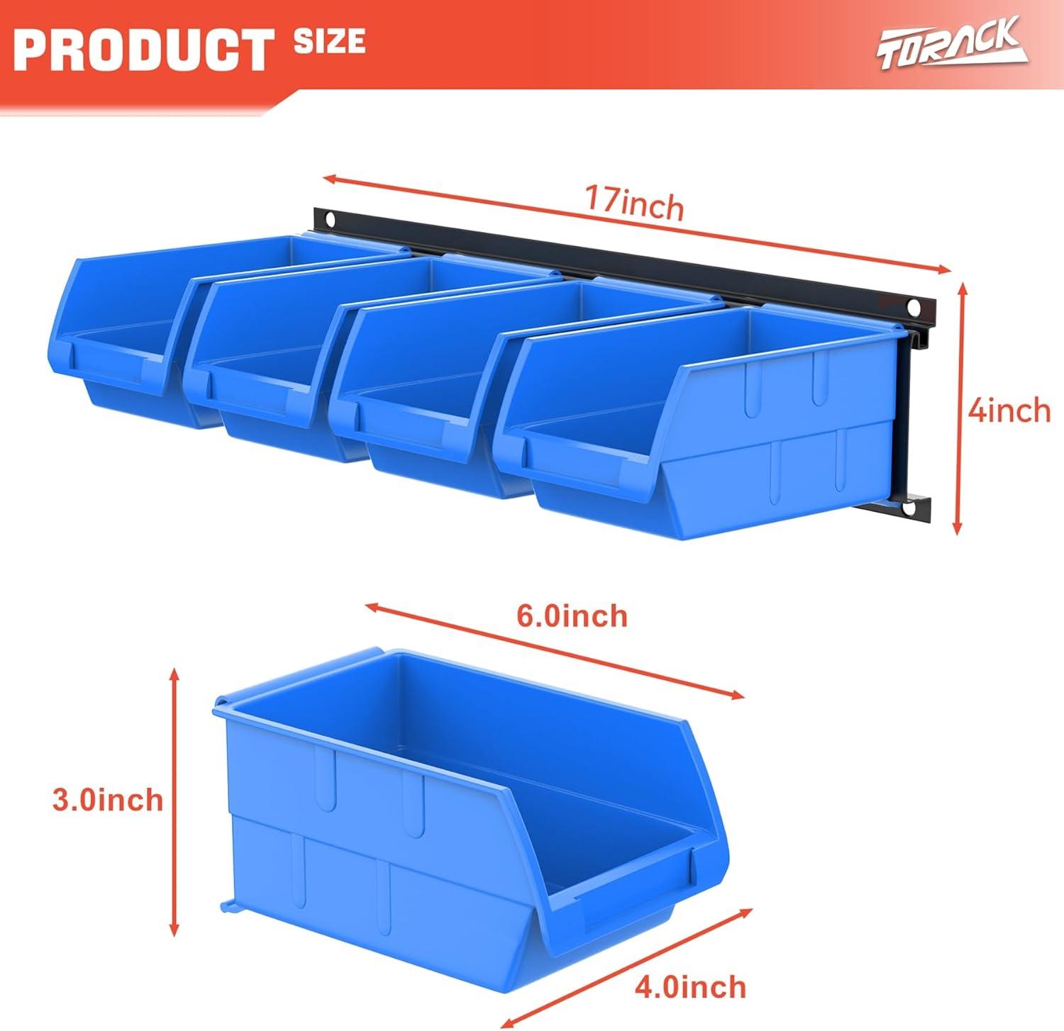 TORACK Wall-Mounted Storage Bins, 16 Plastic Bins for Tools Organization in Garage, Craft Room, and Shop(4-Pack, Blue)(Blue-black)