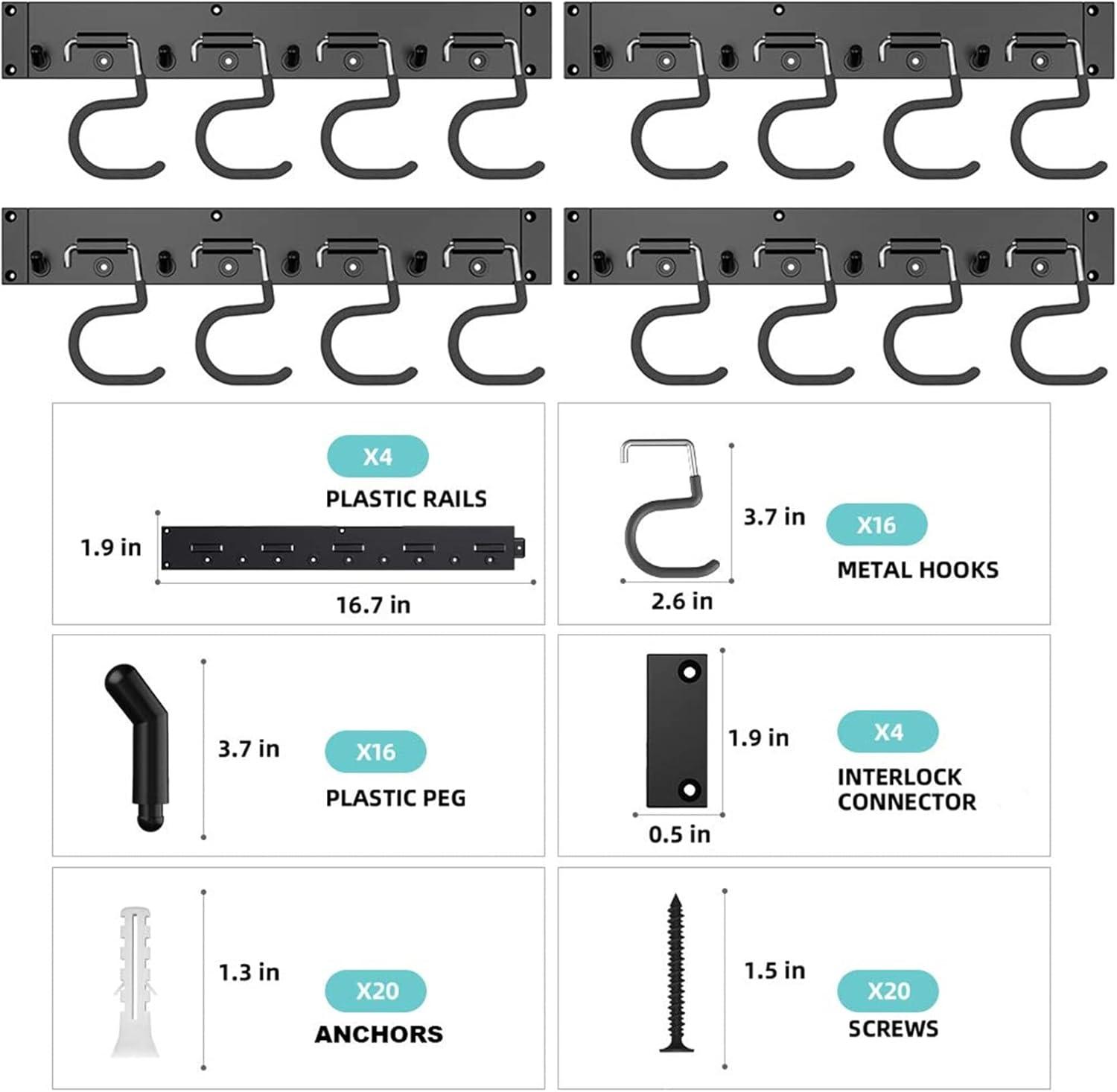 TORACK 64 Inch Garage Hooks Tool Organizer, Adjustable Wall Mounted Garage Hanger Storage System (16 Hooks & 16 Pegs)