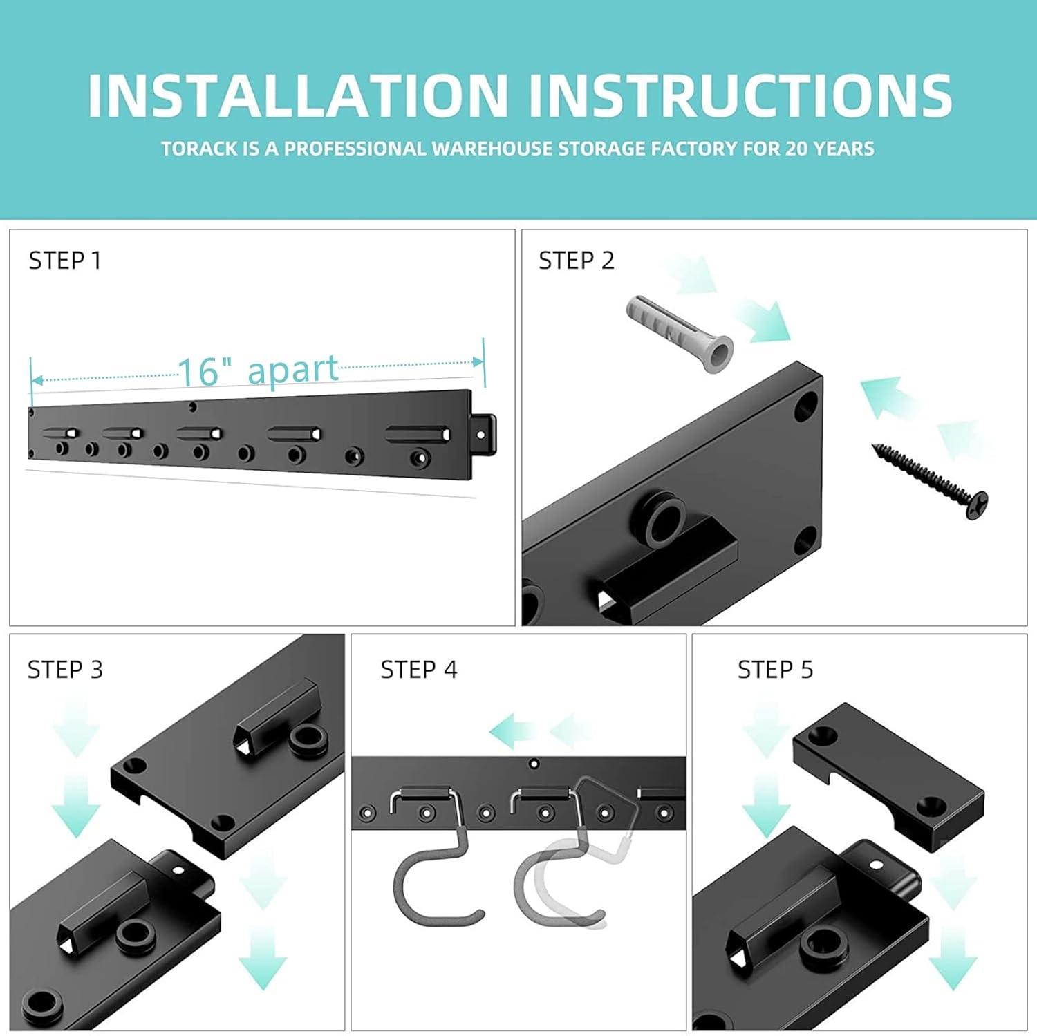 TORACK 64 Inch Garage Hooks Tool Organizer, Adjustable Wall Mounted Garage Hanger Storage System (16 Hooks & 16 Pegs)
