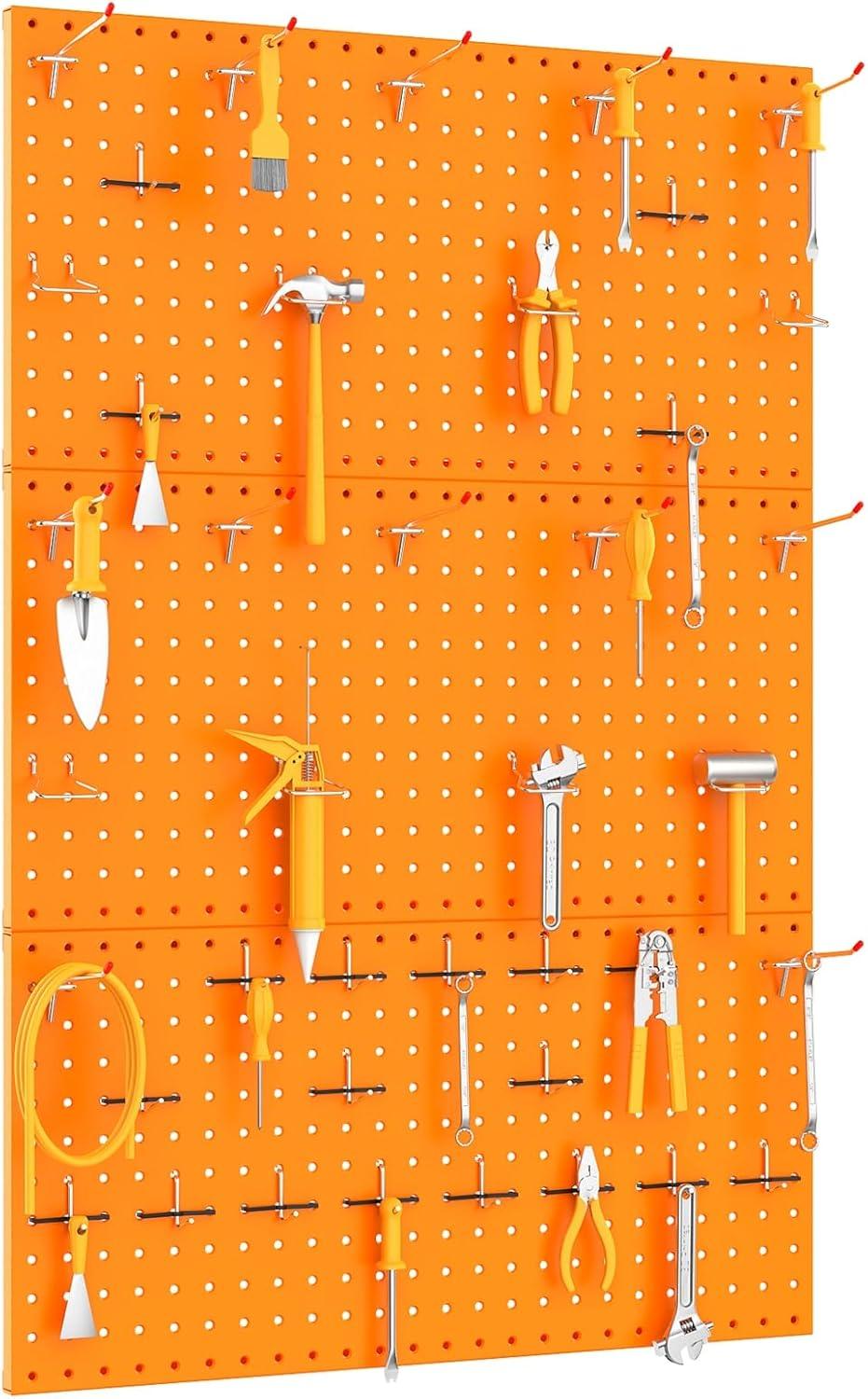 TORACK 3 PCS Metal Pegboard Panels for Wall Garage Utility Tools Storage Pegboard for Workbench, Shop, Modular Peg Board Tool Organizer Boards(Pack of 3, Black)(Orange)