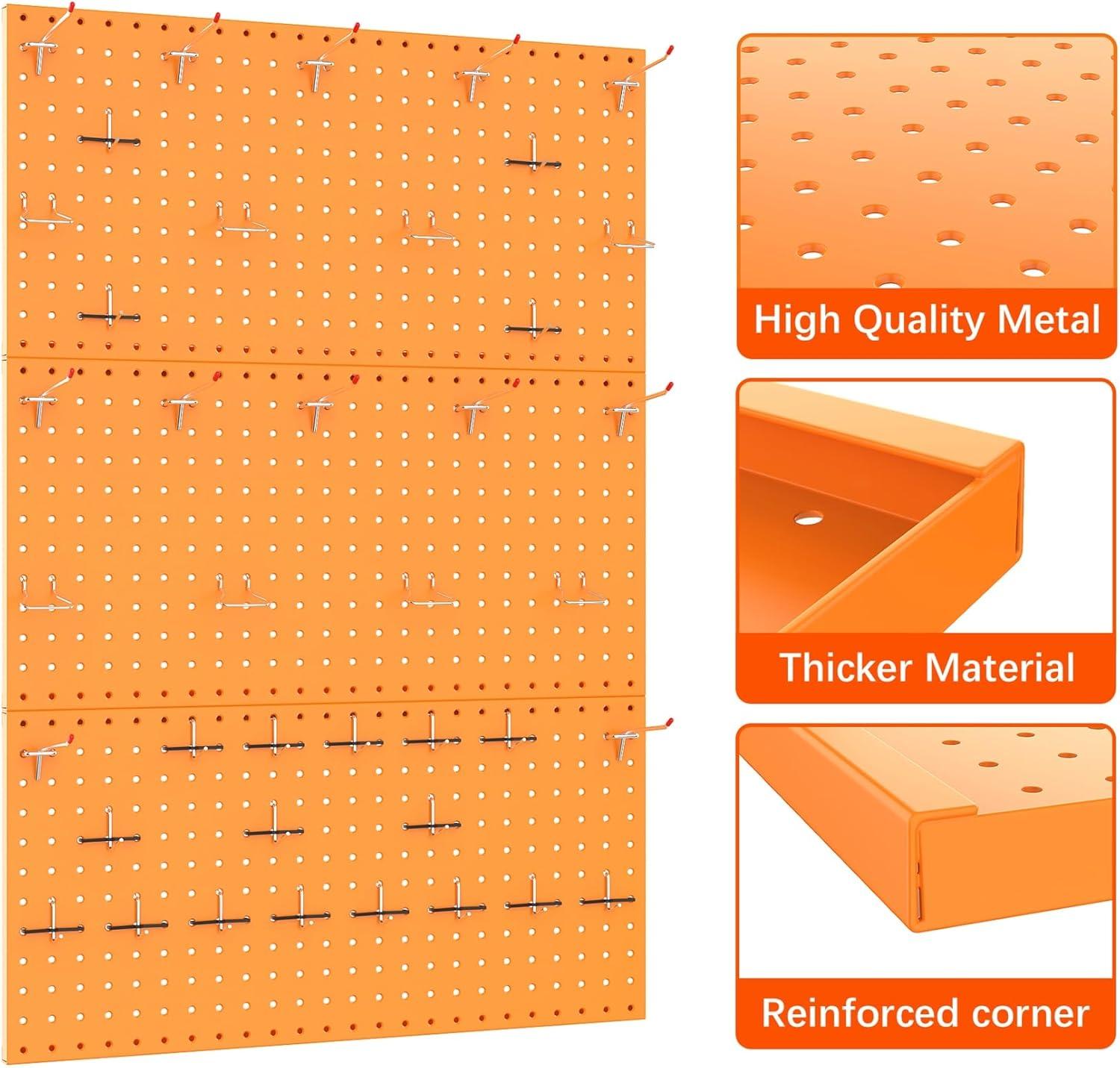 TORACK 3 PCS Metal Pegboard Panels for Wall Garage Utility Tools Storage Pegboard for Workbench, Shop, Modular Peg Board Tool Organizer Boards(Pack of 3, Black)(Orange)