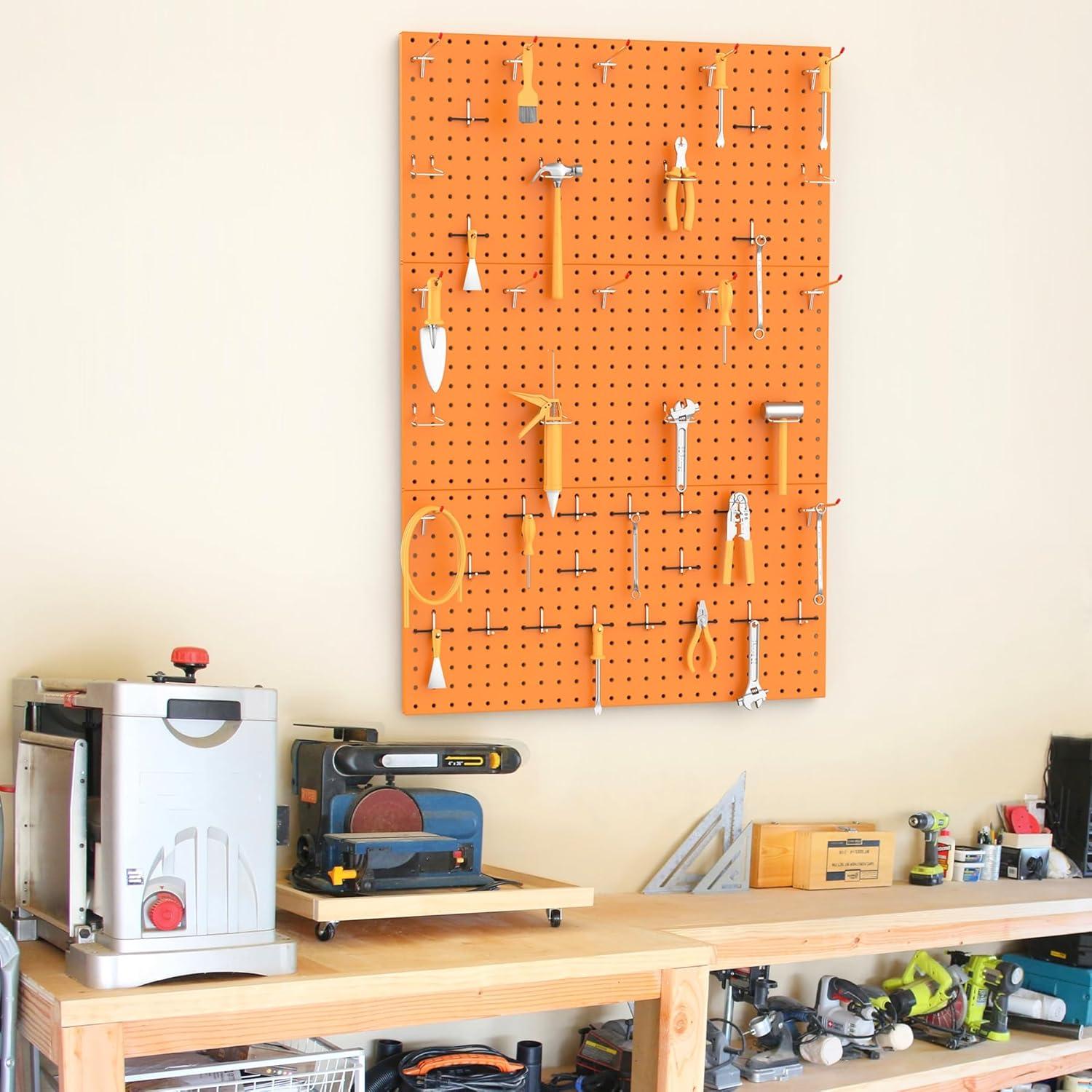 TORACK 3 PCS Metal Pegboard Panels for Wall Garage Utility Tools Storage Pegboard for Workbench, Shop, Modular Peg Board Tool Organizer Boards(Pack of 3, Black)(Orange)