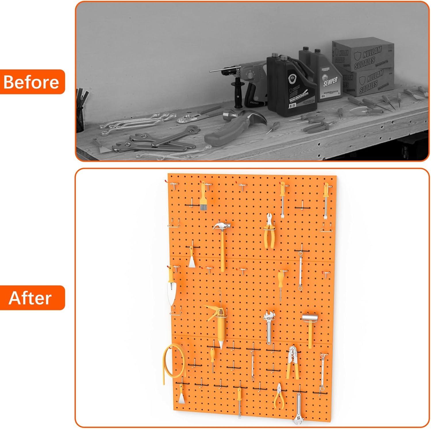 TORACK 3 PCS Metal Pegboard Panels for Wall Garage Utility Tools Storage Pegboard for Workbench, Shop, Modular Peg Board Tool Organizer Boards(Pack of 3, Black)(Orange)