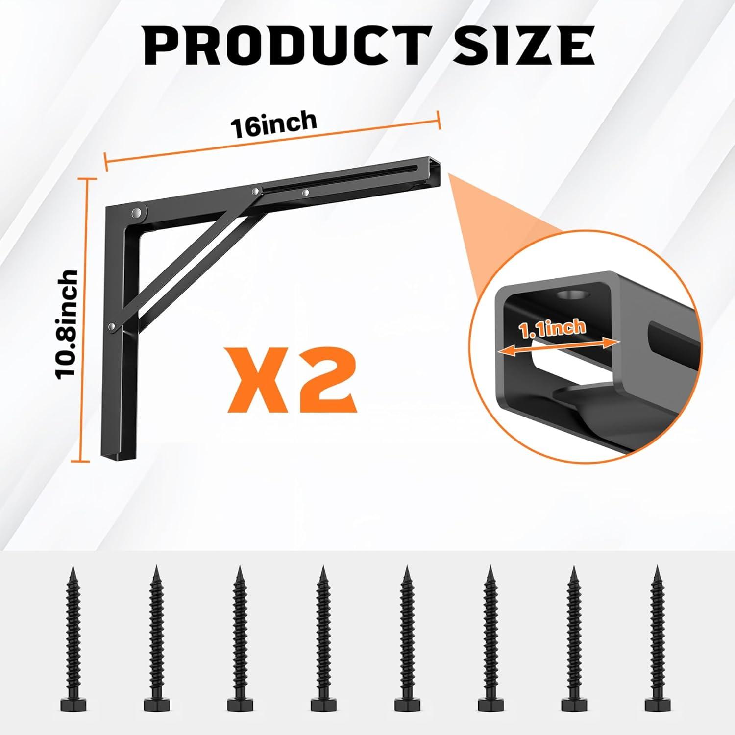 TORACK 24″ Folding Shelf Brackets Heavy Duty Shelf Bracket Wall Mounted Triangle Hinges for Shelves Collapsible Table Brackets Workbench Supports for Garage(1 Pair)(16 Inch)