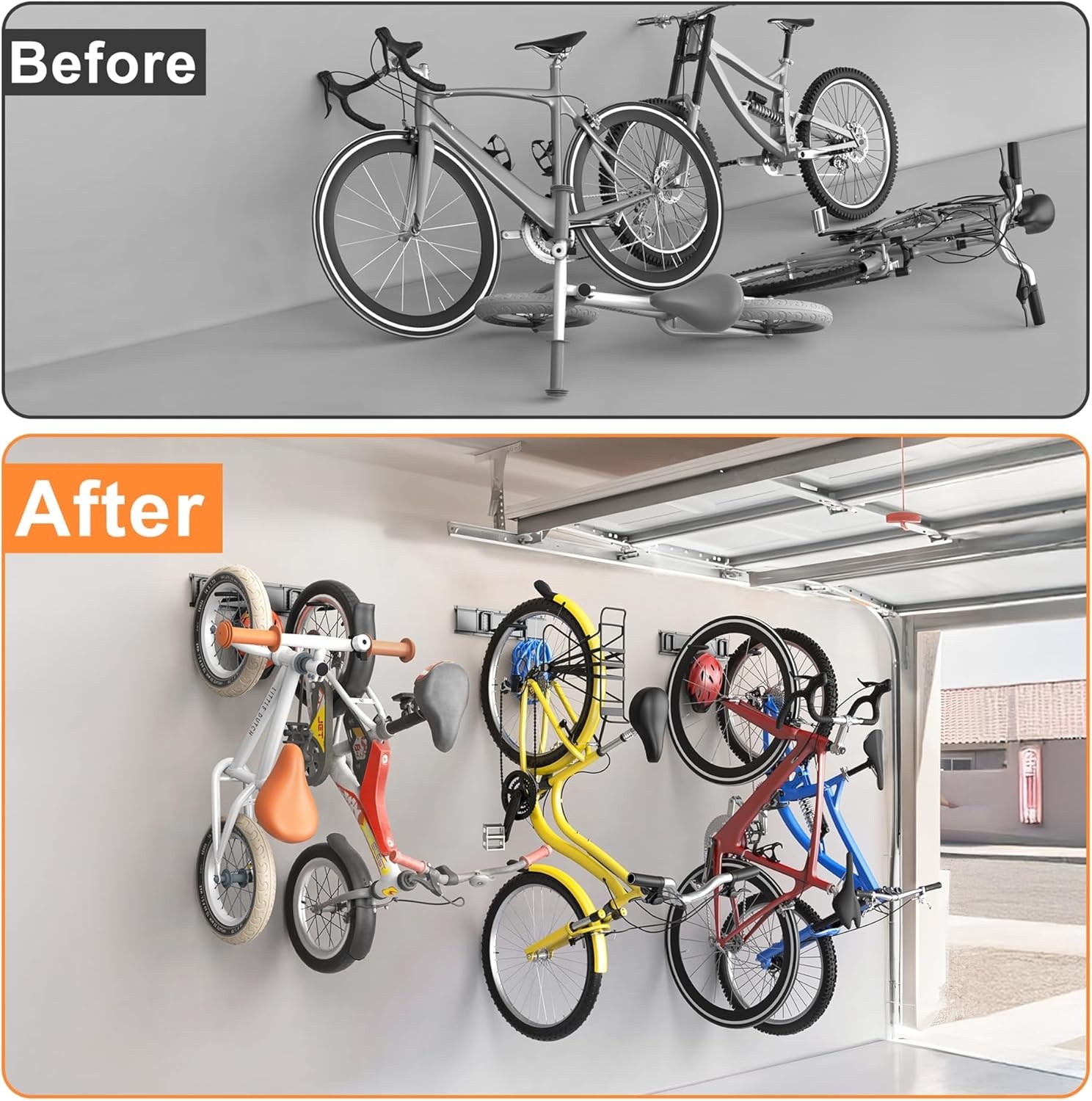 TORACK Wall Mounted Bike Storage Rack, Vertical Bikes Storage for Garage 5 Bikes Hangers for Wall, Modular Bicycle Storage Rack(3 Rails, 5 Bike Hooks, 3 Helmet Hooks)