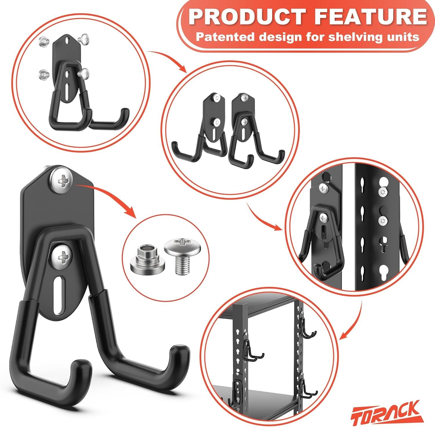 TORACK 15 PCS Garage Storage System Hooks, Shelving Hooks for Keyhole Shelving Units Wall Mount Utility Hooks for Tools, Ladders, Cords, Folding Chairs, Shovels and Rakes(Black)(Black)