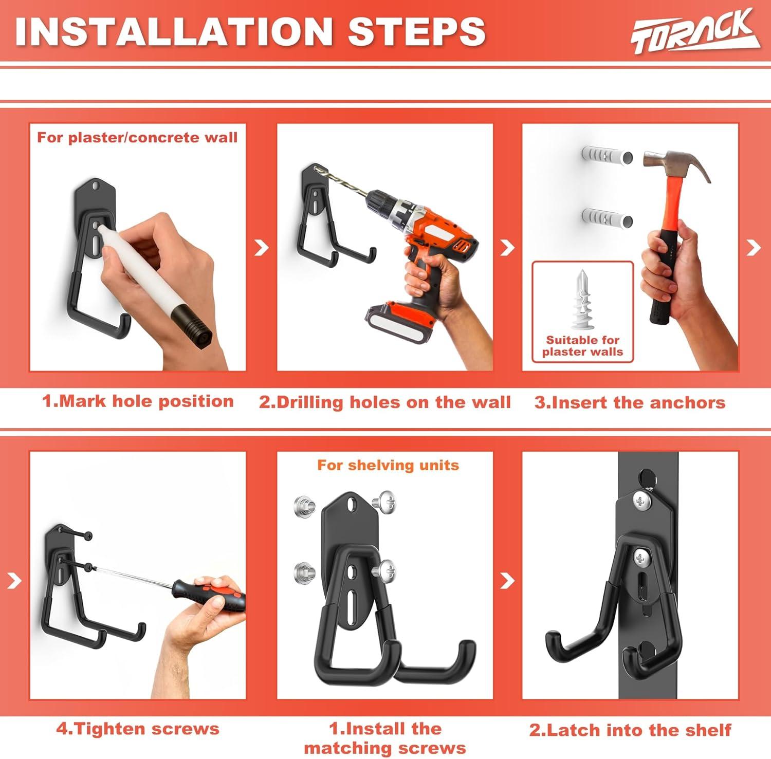 TORACK 15 PCS Garage Storage System Hooks, Shelving Hooks for Keyhole Shelving Units Wall Mount Utility Hooks for Tools, Ladders, Cords, Folding Chairs, Shovels and Rakes(Black)(Black)