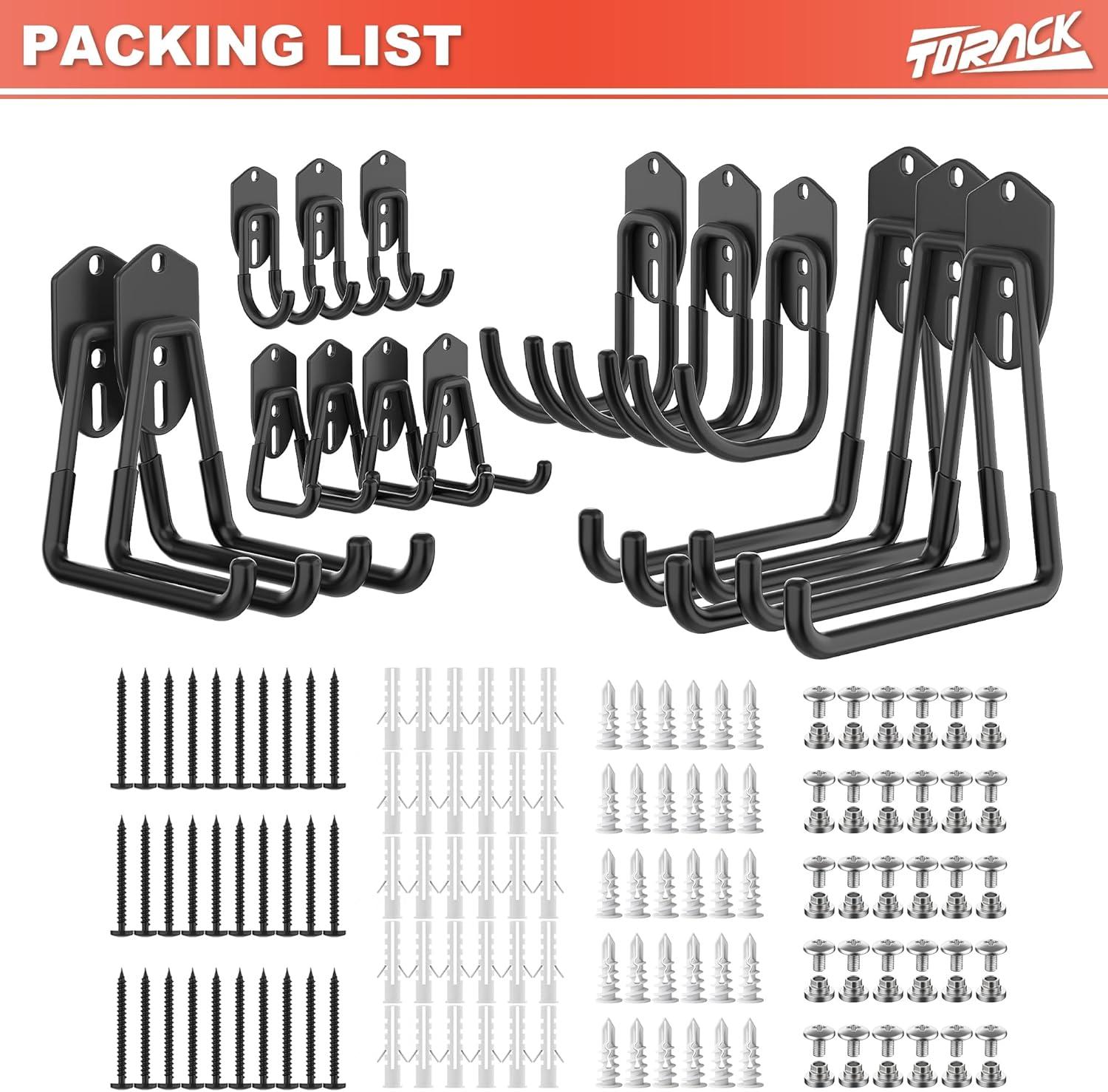TORACK 15 PCS Garage Storage System Hooks, Shelving Hooks for Keyhole Shelving Units Wall Mount Utility Hooks for Tools, Ladders, Cords, Folding Chairs, Shovels and Rakes(Black)(Black)