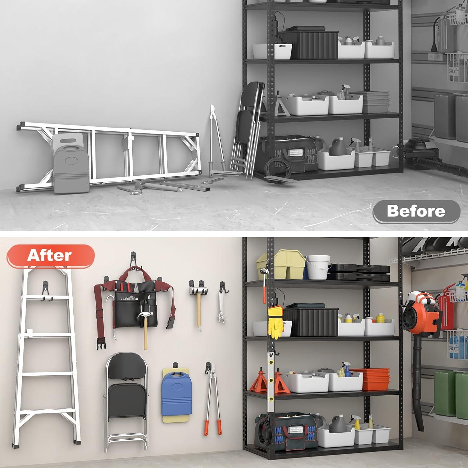 TORACK 15 PCS Garage Storage System Hooks, Shelving Hooks for Keyhole Shelving Units Wall Mount Utility Hooks for Tools, Ladders, Cords, Folding Chairs, Shovels and Rakes(Black)(Black)