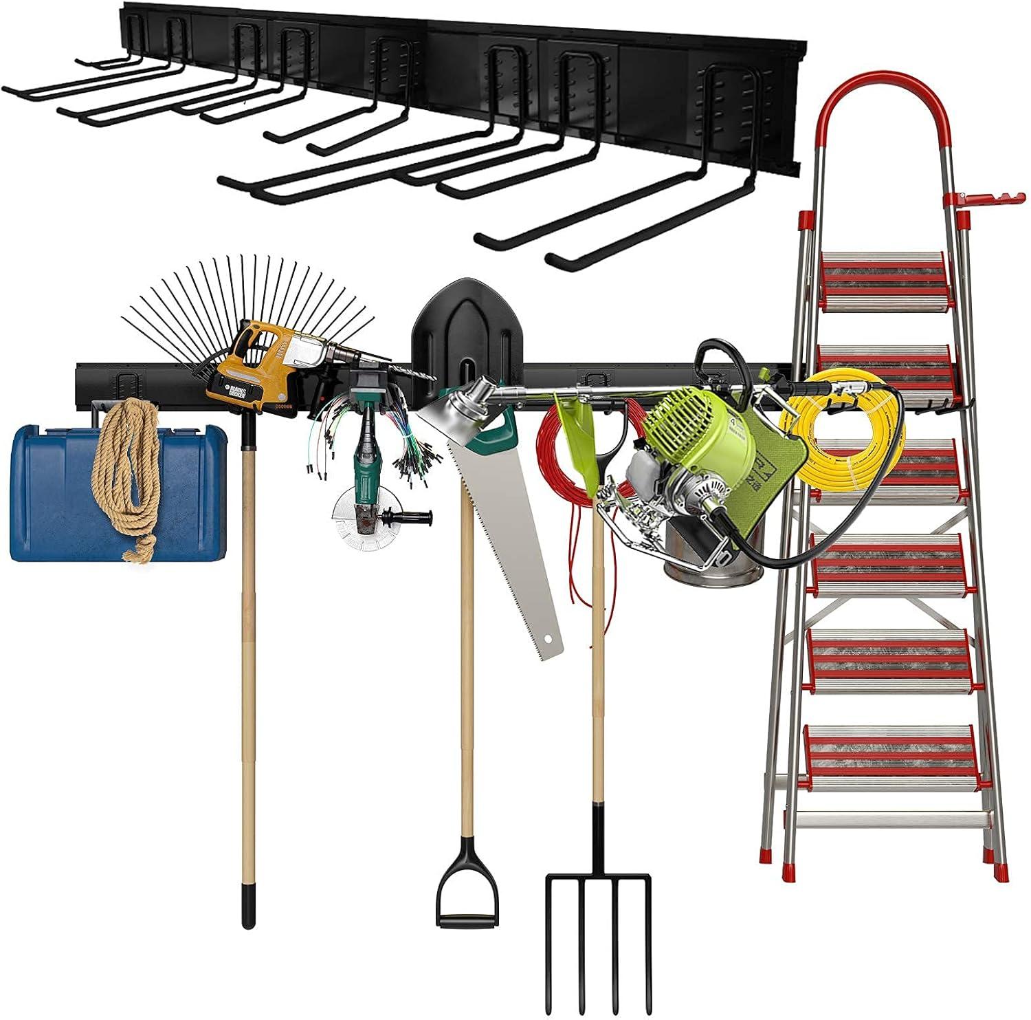 TORACK Garage Storage Organizer Systems, Wall Mount Overhead shelving, 48 inch Heavy Duty Steel Tool Racks, 6-Pack 12 Double Hooks, 48 inch by 7 inch Floating Shelves, up to 1200Ibs(Metal Rack)