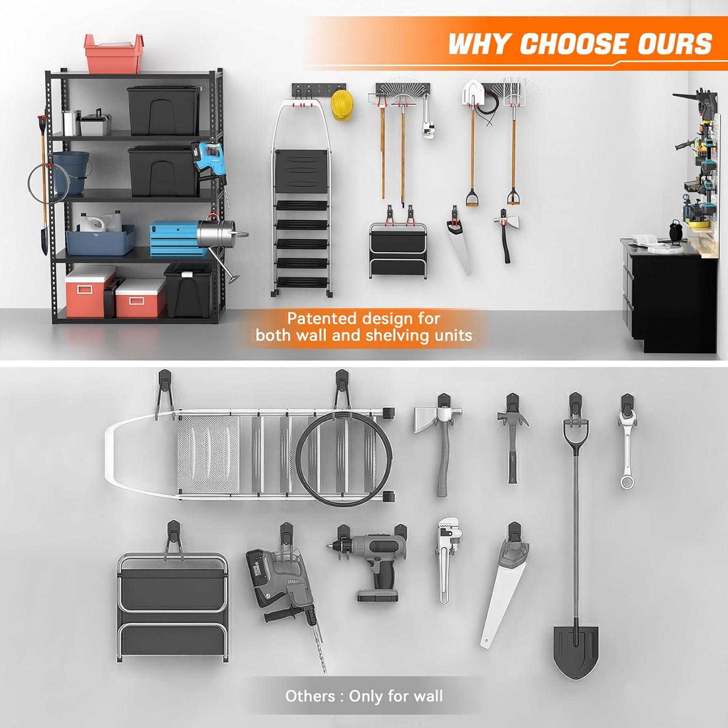 TORACK 15 PCS Garage Storage System Hooks, Shelving Hooks for Keyhole Shelving Units Wall Mount Utility Hooks for Tools, Ladders, Cords, Folding Chairs, Shovels and Rakes(Black)(Orange-Black)