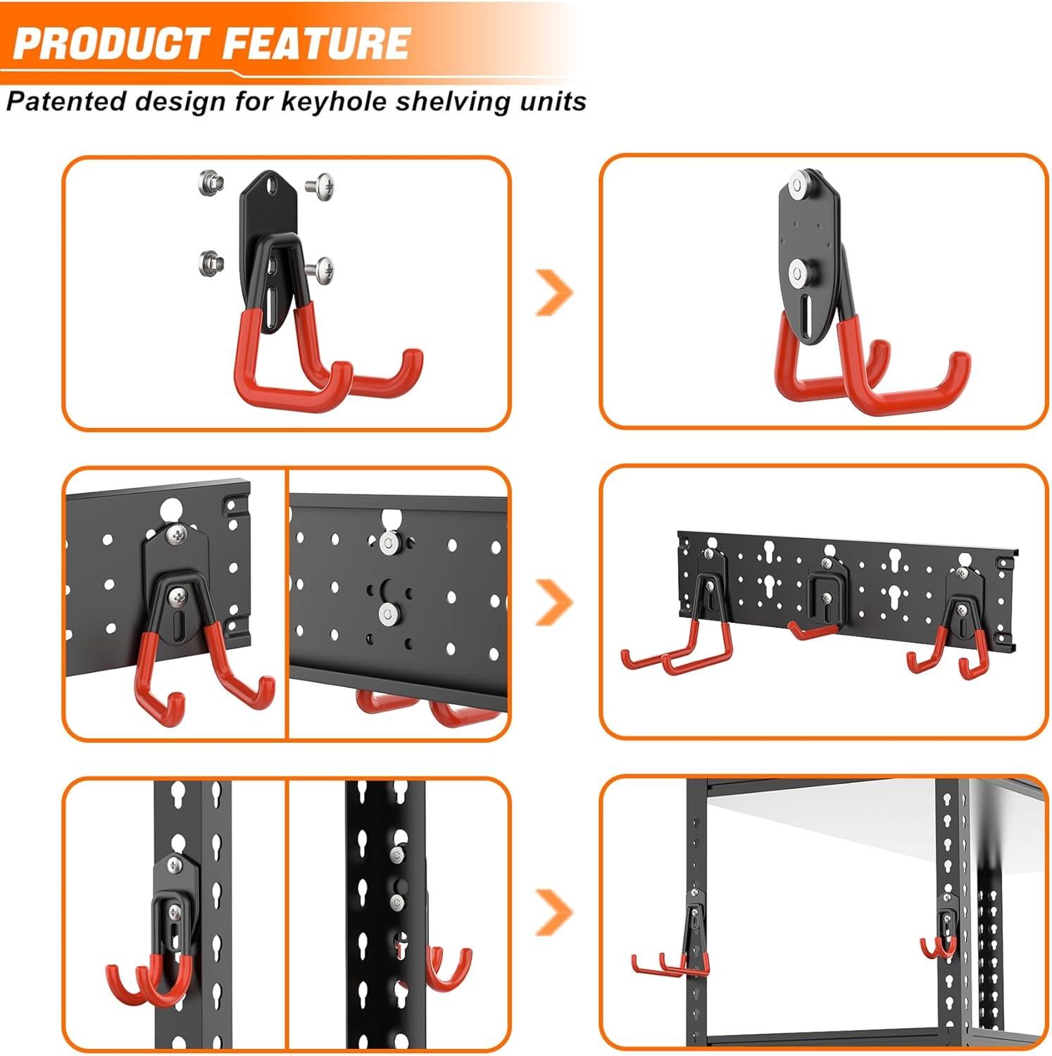 TORACK 15 PCS Garage Storage System Hooks, Shelving Hooks for Keyhole Shelving Units Wall Mount Utility Hooks for Tools, Ladders, Cords, Folding Chairs, Shovels and Rakes(Black)(Orange-Black)
