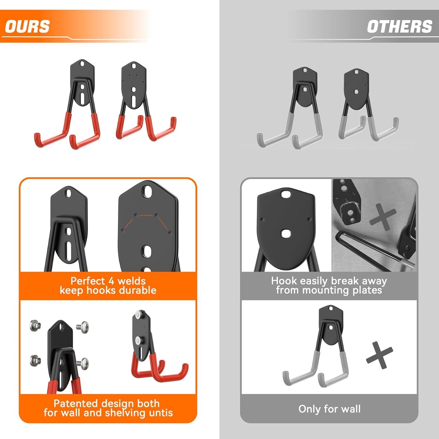 TORACK 15 PCS Garage Storage System Hooks, Shelving Hooks for Keyhole Shelving Units Wall Mount Utility Hooks for Tools, Ladders, Cords, Folding Chairs, Shovels and Rakes(Black)(Orange-Black)