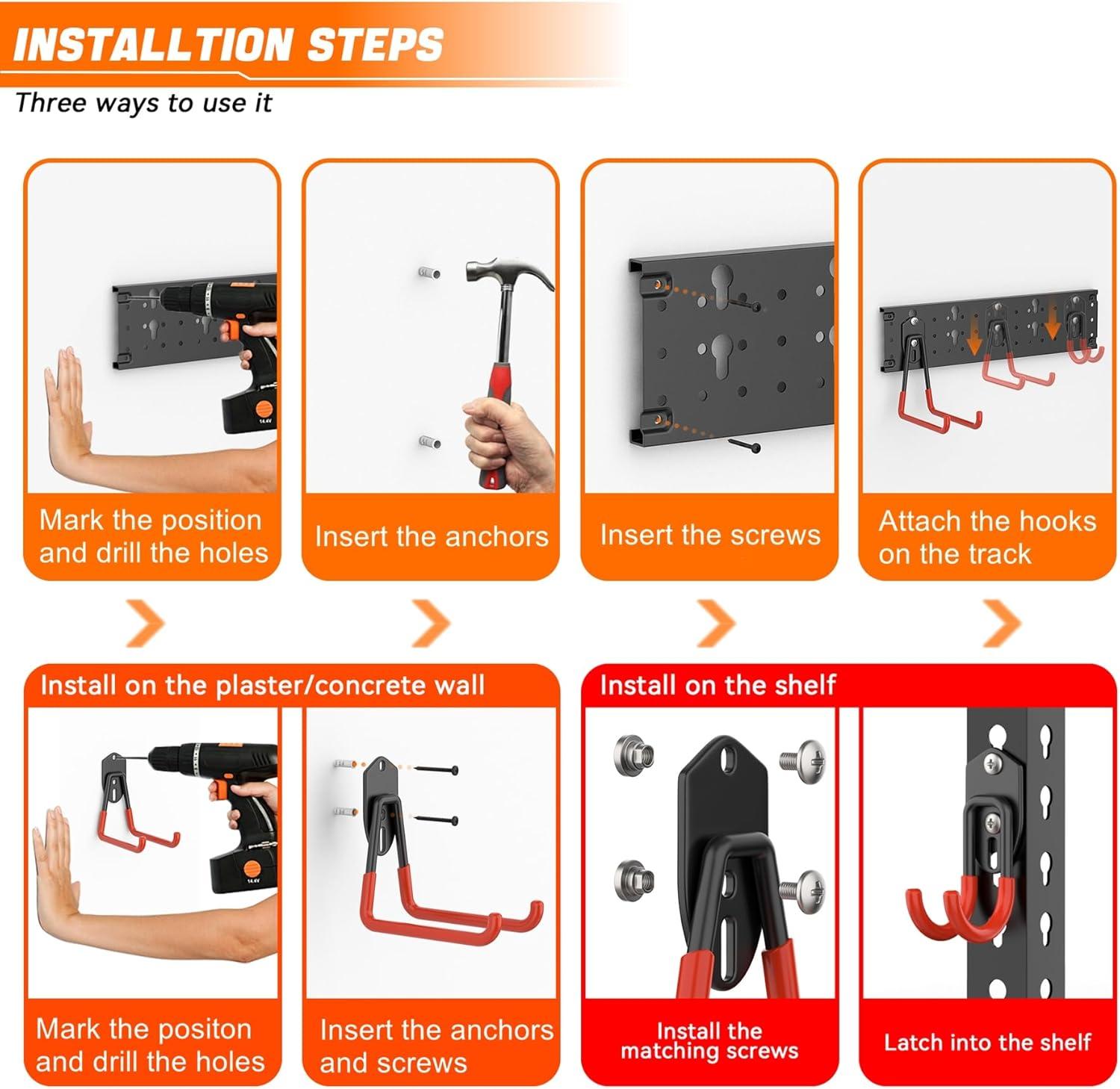 TORACK 15 PCS Garage Storage System Hooks, Shelving Hooks for Keyhole Shelving Units Wall Mount Utility Hooks for Tools, Ladders, Cords, Folding Chairs, Shovels and Rakes(Black)(Orange-Black)