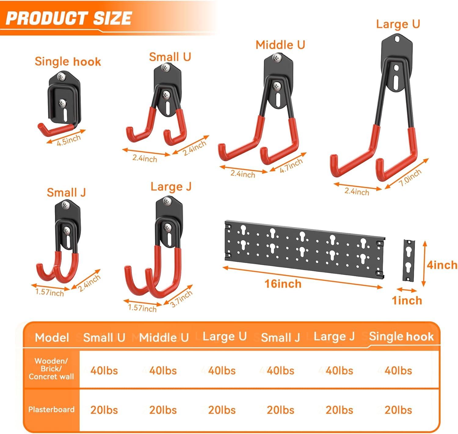 TORACK 15 PCS Garage Storage System Hooks, Shelving Hooks for Keyhole Shelving Units Wall Mount Utility Hooks for Tools, Ladders, Cords, Folding Chairs, Shovels and Rakes(Black)(Orange-Black)