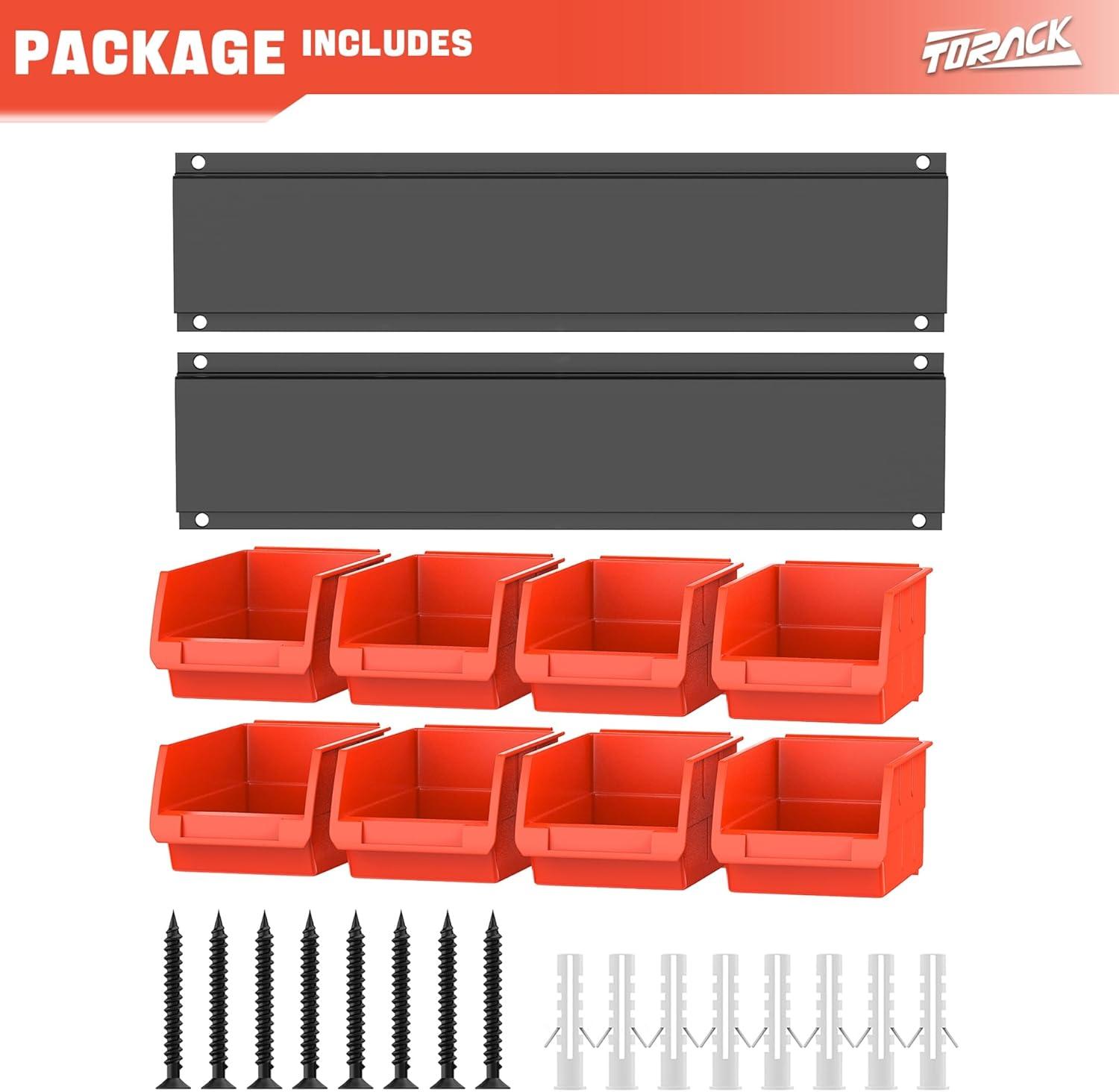 TORACK Wall-Mounted Storage Bins, 16 Plastic Bins for Tools Organization in Garage, Craft Room, and Shop(4-Pack, Blue)(Orange)