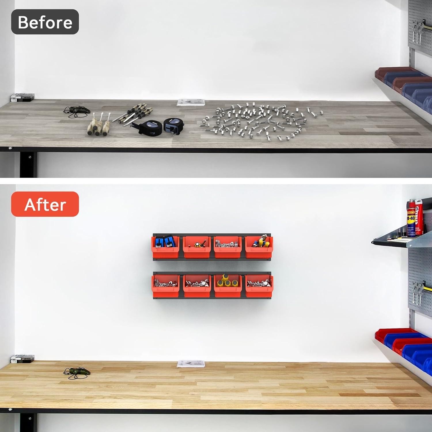 TORACK Wall-Mounted Storage Bins, 16 Plastic Bins for Tools Organization in Garage, Craft Room, and Shop(4-Pack, Blue)(Orange)