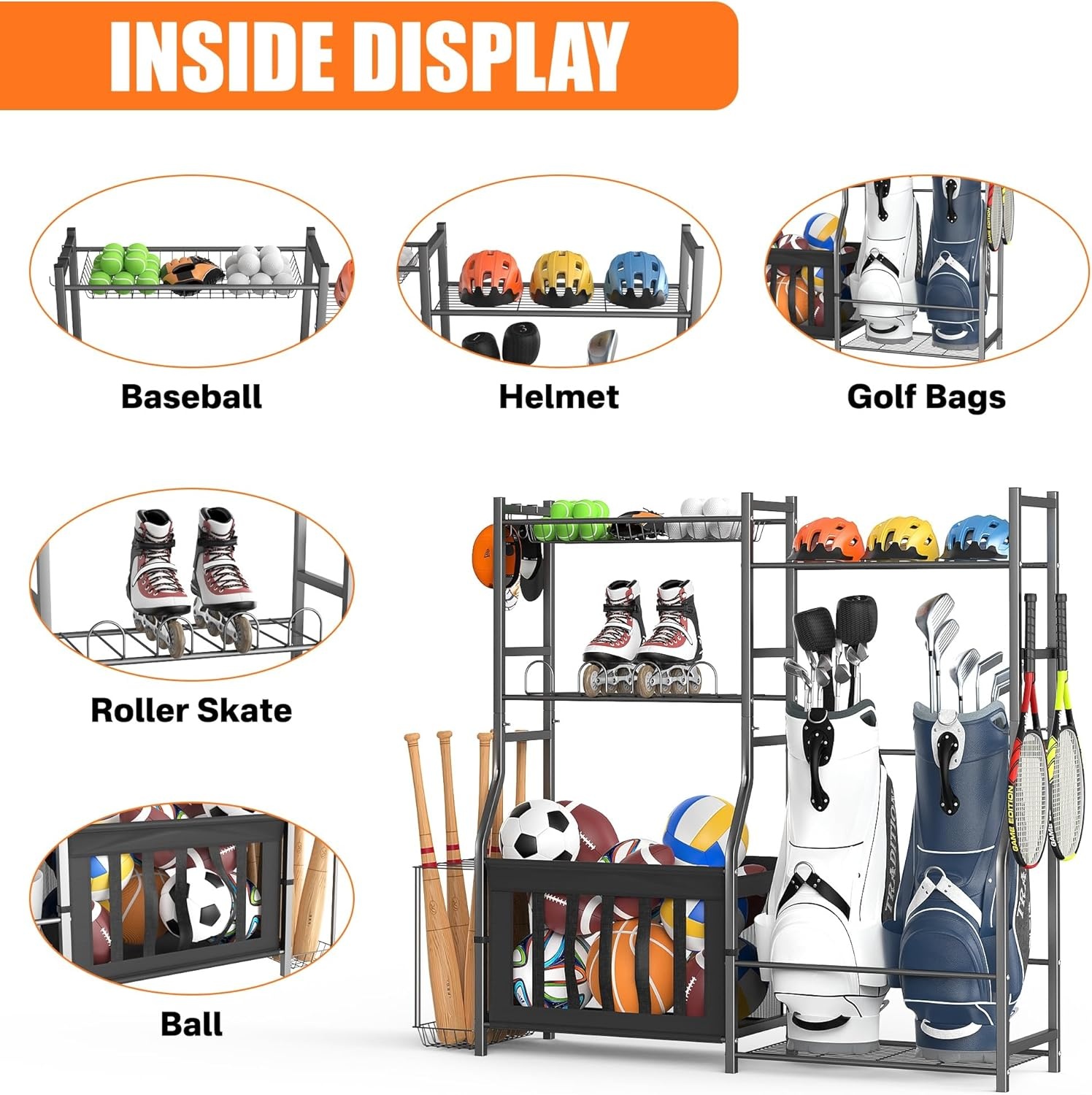 TORACK Golf Bags Stand with Ball Storage, Large Capacity Garage Sports Equipment Organizer, Indoor Toys Storage