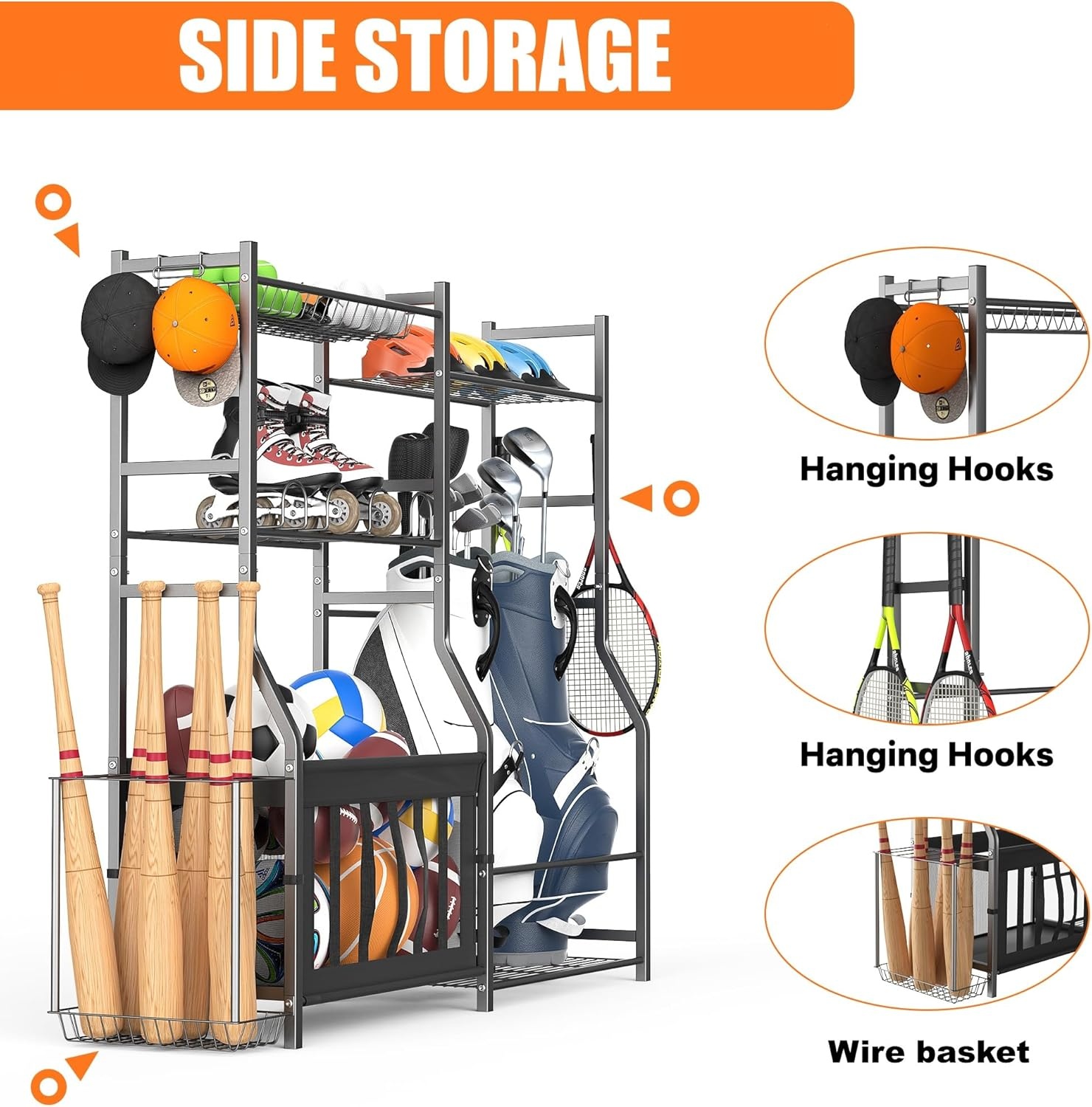 TORACK Golf Bags Stand with Ball Storage, Large Capacity Garage Sports Equipment Organizer, Indoor Toys Storage