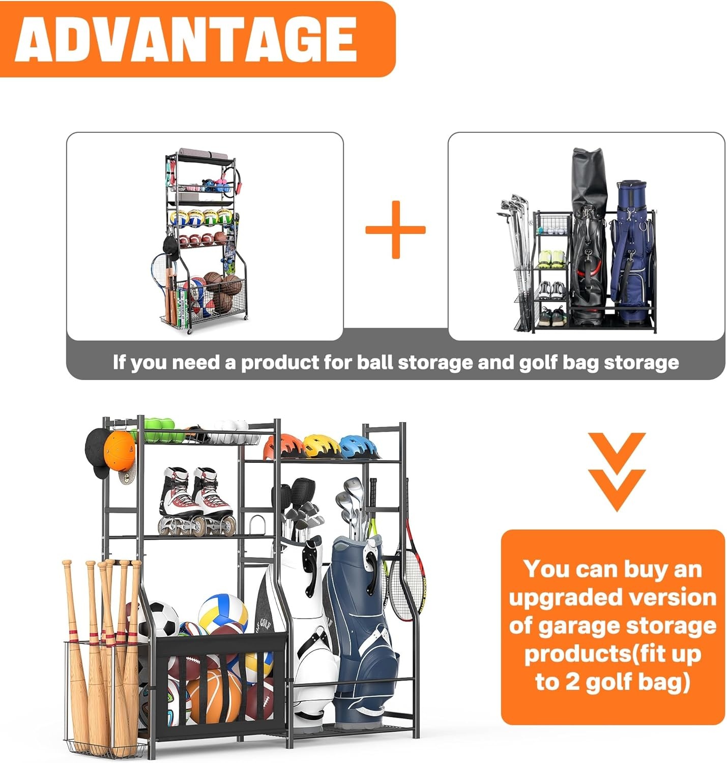 TORACK Golf Bags Stand with Ball Storage, Large Capacity Garage Sports Equipment Organizer, Indoor Toys Storage