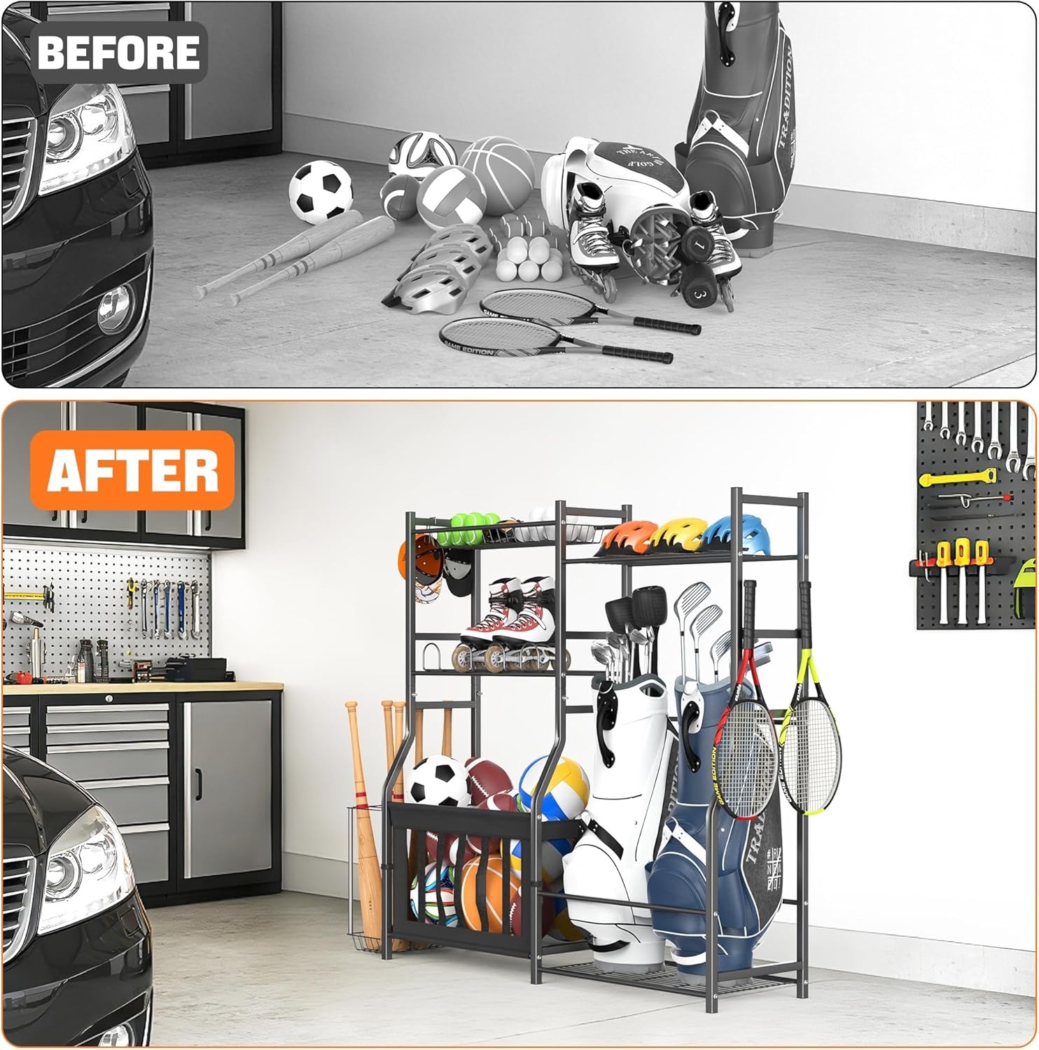 TORACK Golf Bags Stand with Ball Storage, Large Capacity Garage Sports Equipment Organizer, Indoor Toys Storage