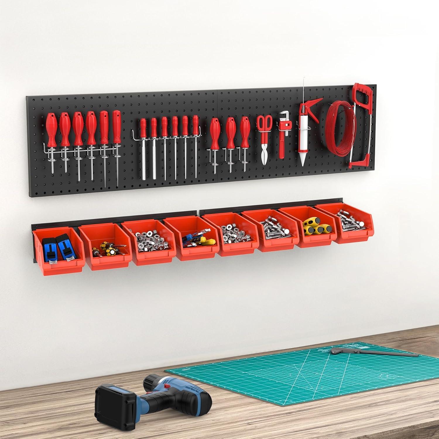 TORACK Wall-Mounted Storage Bins, 16 Plastic Bins for Tools Organization in Garage, Craft Room, and Shop(4-Pack, Blue)(Orange-red)