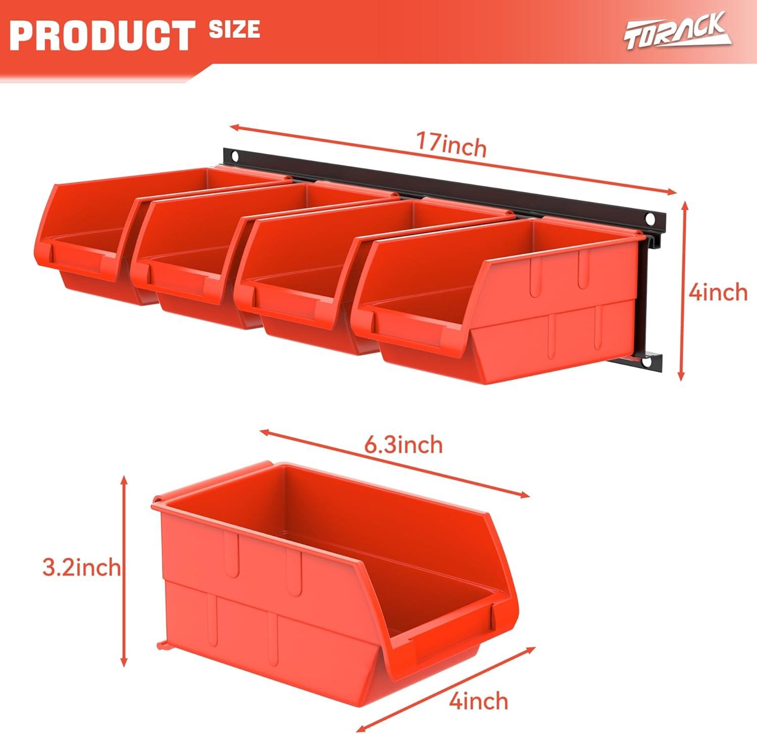 TORACK Wall-Mounted Storage Bins, 16 Plastic Bins for Tools Organization in Garage, Craft Room, and Shop(4-Pack, Blue)(Orange-red)