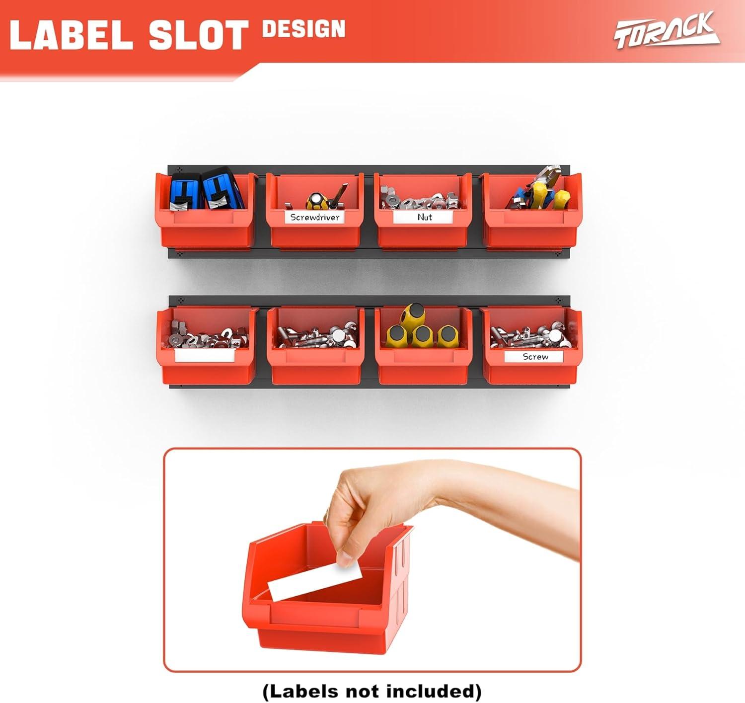 TORACK Wall-Mounted Storage Bins, 16 Plastic Bins for Tools Organization in Garage, Craft Room, and Shop(4-Pack, Blue)(Orange-red)