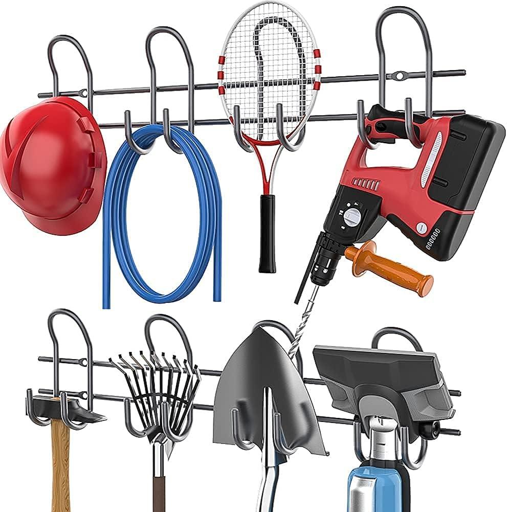 TORACK Heavy Duty Garage Hooks Tool Organizer, 2-Pack Wall Mount Storage Rack, Black, Adjustable, 8 Hooks, 500 lbs Capacity, Garage Tool Organization