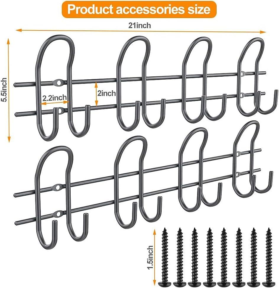 TORACK Heavy Duty Garage Hooks Tool Organizer, 2-Pack Wall Mount Storage Rack, Black, Adjustable, 8 Hooks, 500 lbs Capacity, Garage Tool Organization