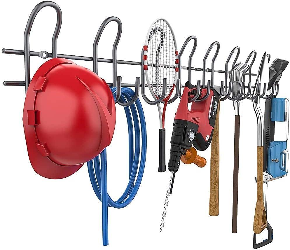 TORACK Heavy Duty Garage Hooks Tool Organizer, 2-Pack Wall Mount Storage Rack, Black, Adjustable, 8 Hooks, 500 lbs Capacity, Garage Tool Organization