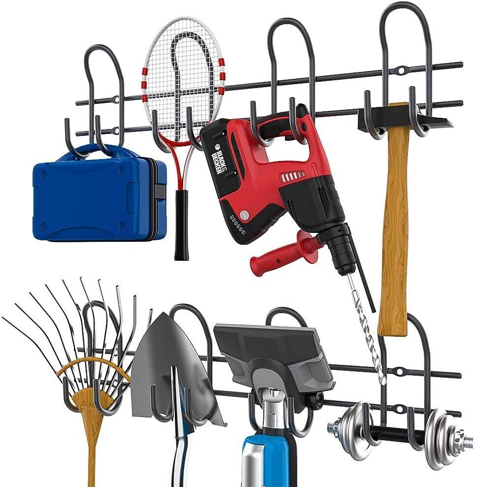 TORACK Heavy Duty Garage Hooks Tool Organizer, 2-Pack Wall Mount Storage Rack, Black, Adjustable, 8 Hooks, 500 lbs Capacity, Garage Tool Organization