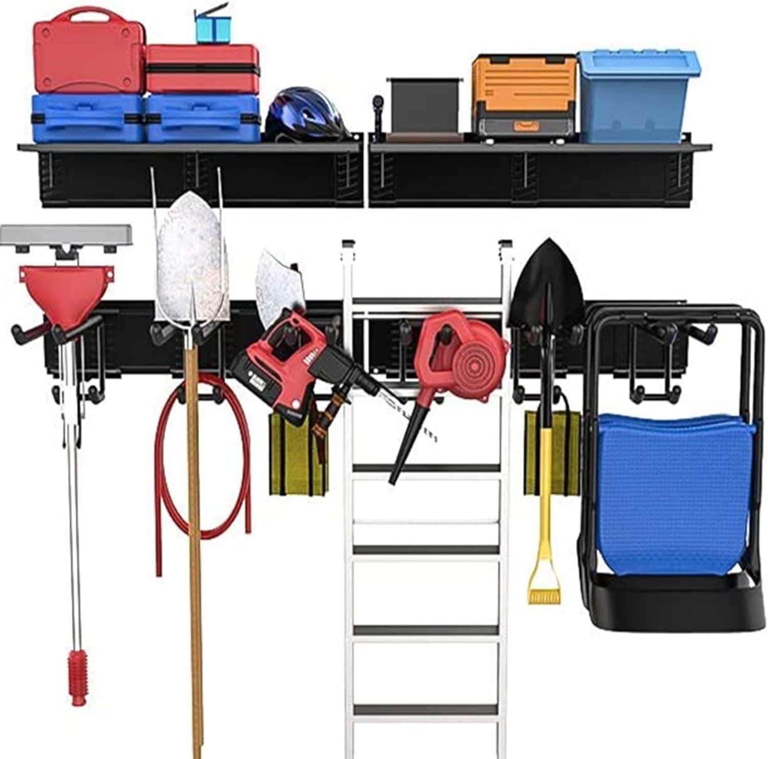 TORACK Garage Storage Organizer Systems, Wall Mount Overhead shelving, 48 inch Heavy Duty Steel Tool Racks, 6-Pack 12 Double Hooks, 48 inch by 7 inch Floating Shelves, up to 1200Ibs(Upgraded Metal Rack)