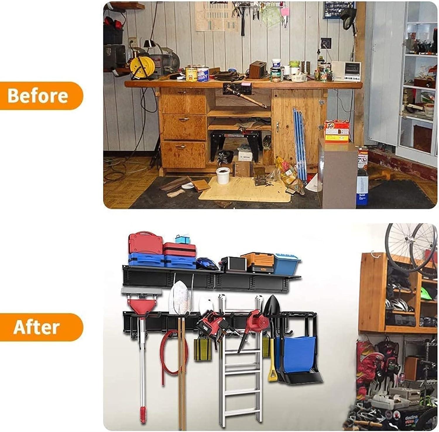 TORACK Garage Storage Organizer Systems, Wall Mount Overhead shelving, 48 inch Heavy Duty Steel Tool Racks, 6-Pack 12 Double Hooks, 48 inch by 7 inch Floating Shelves, up to 1200Ibs(Upgraded Metal Rack)